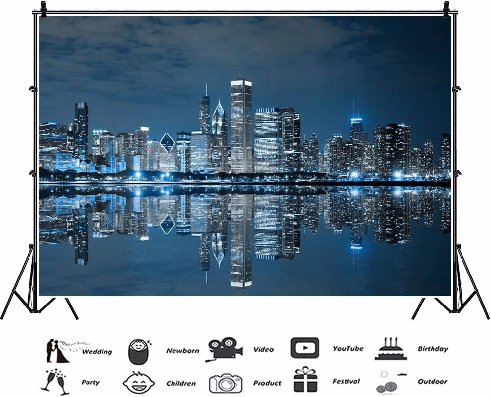 10x8ft Skyline City Night Landscape Photography Backdrop Business Modern City Chicago Downtown Night Background for Party Decoration Birthday Kids Boy Photoshoot Photo Background Props
