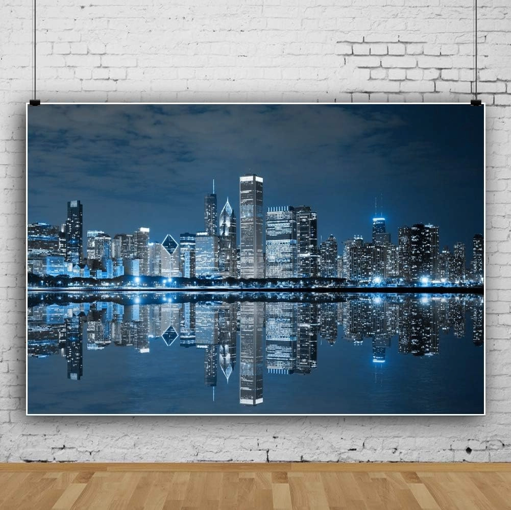 10x8ft Skyline City Night Landscape Photography Backdrop Business Modern City Chicago Downtown Night Background for Party Decoration Birthday Kids Boy Photoshoot Photo Background Props