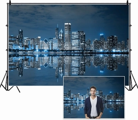 10x8ft Skyline City Night Landscape Photography Backdrop Business Modern City Chicago Downtown Night Background for Party Decoration Birthday Kids Boy Photoshoot Photo Background Props