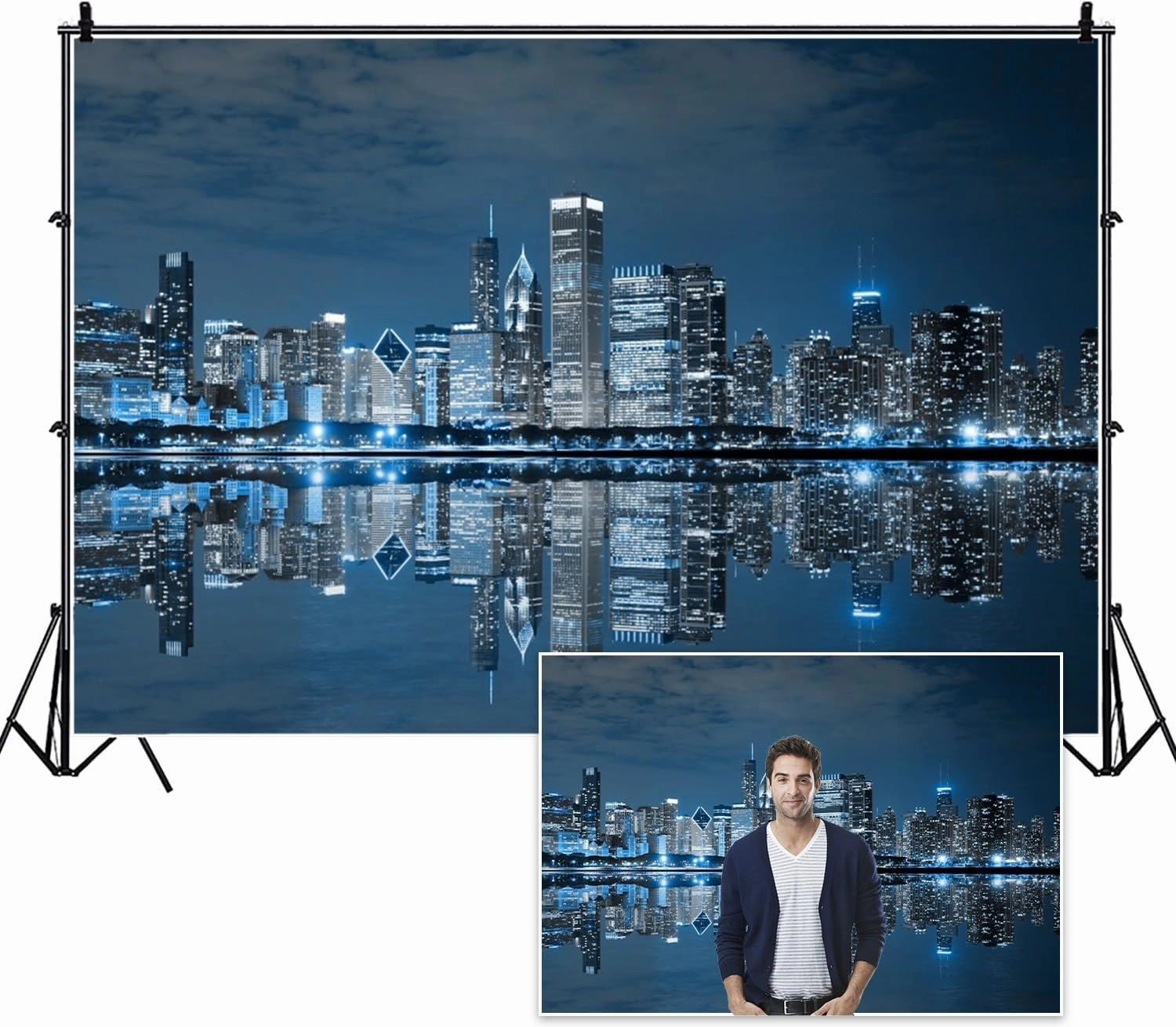10x8ft Skyline City Night Landscape Photography Backdrop Business Modern City Chicago Downtown Night Background for Party Decoration Birthday Kids Boy Photoshoot Photo Background Props