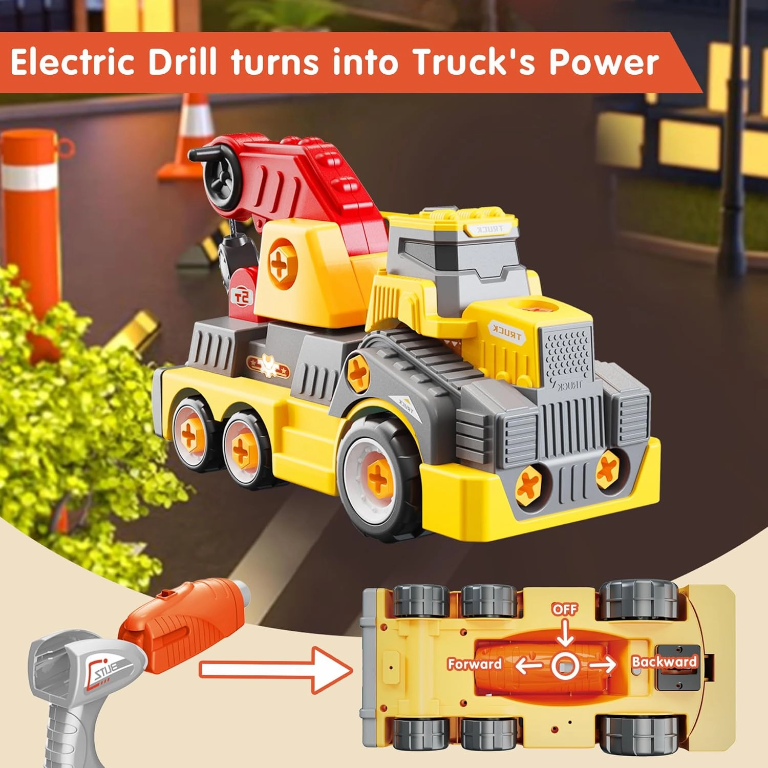 11inches Large Take Apart Construction Toys Crane Trucks for Boys Girls Kids 3-10 Year Old Electric Drill Toys