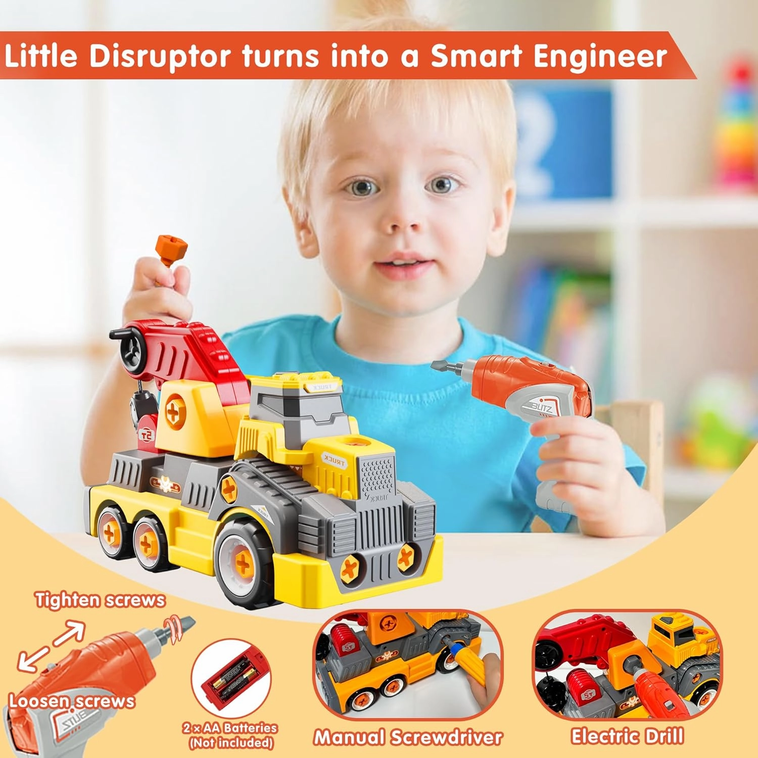 11inches Large Take Apart Construction Toys Crane Trucks for Boys Girls Kids 3-10 Year Old Electric Drill Toys