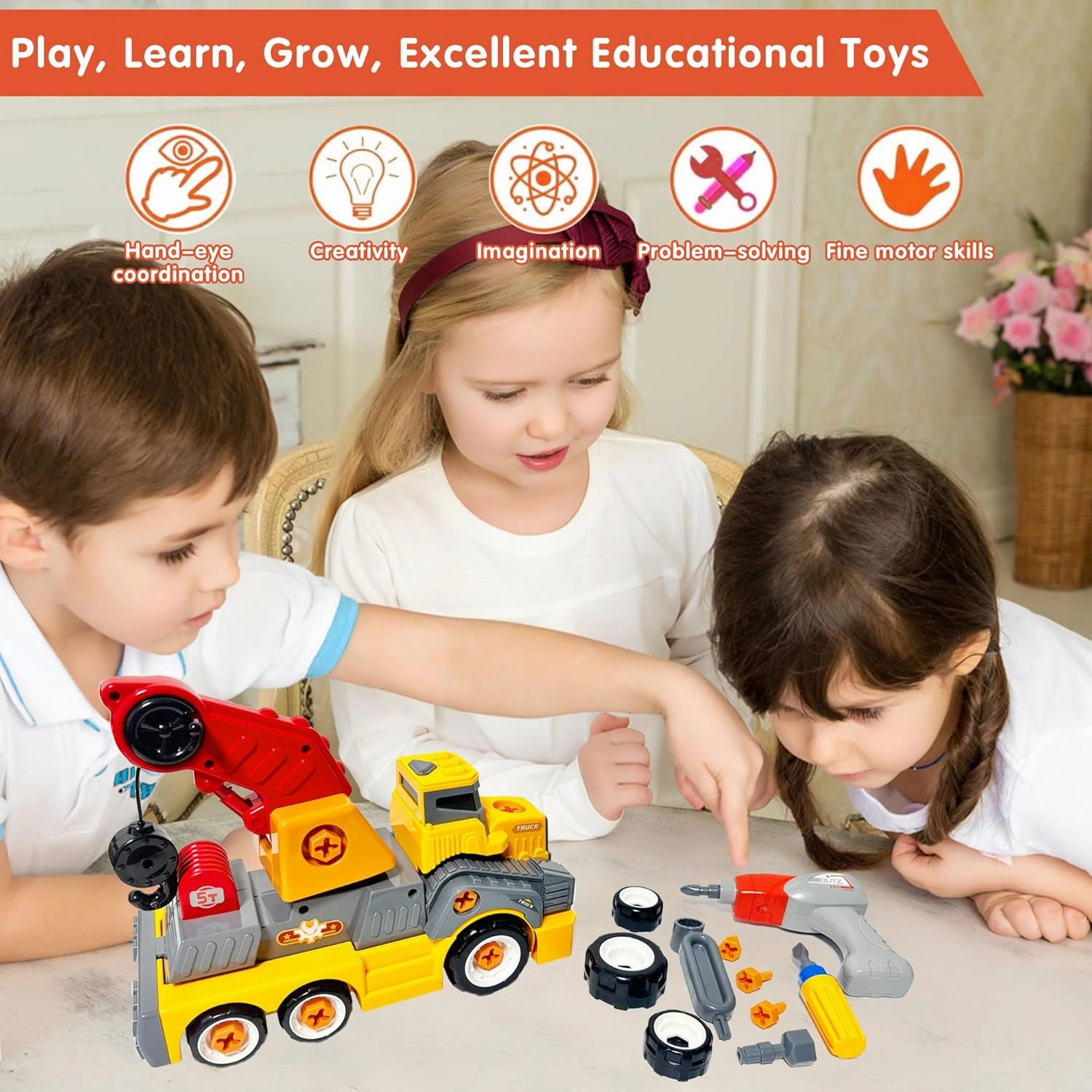 11inches Large Take Apart Construction Toys Crane Trucks for Boys Girls Kids 3-10 Year Old Electric Drill Toys