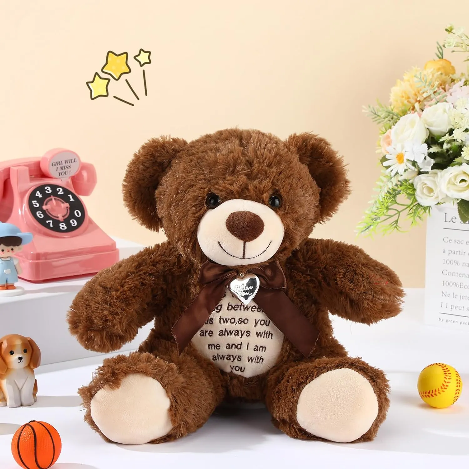 12 in Bear Stuffed Animals with Voice Recorder Set 30 Seconds Voice Sound Recorder Module Soft Plush Remembrance Bear with Photo Pendant with Zipper Memorial Gift (Dark Brown)