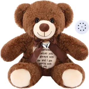12 in Bear Stuffed Animals with Voice Recorder Set 30 Seconds Voice Sound Recorder Module Soft Plush Remembrance Bear with Photo Pendant with Zipper Memorial Gift (Dark Brown)