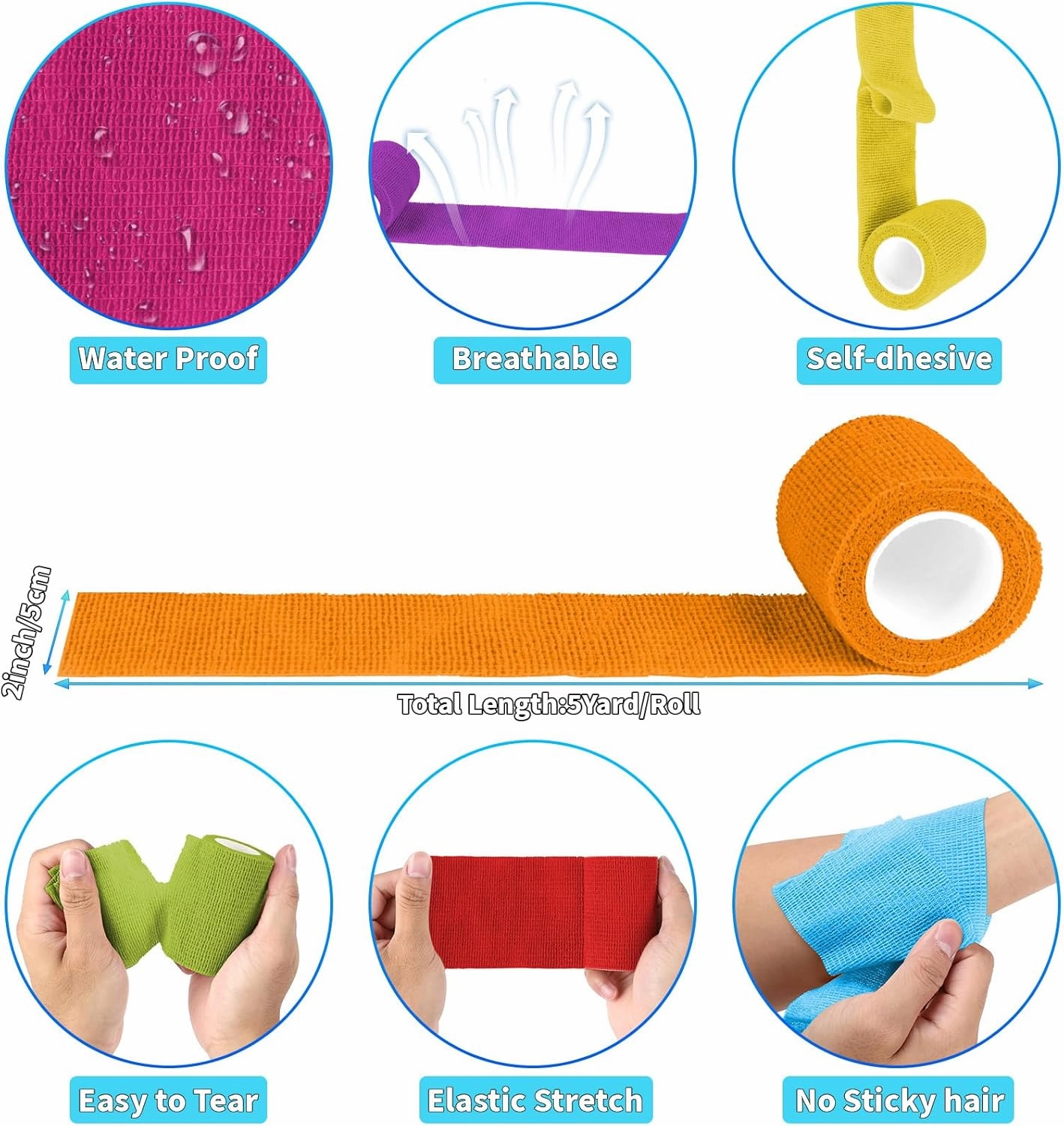 120 Pack Colorful Self Adhesive Bandage Wrap Bulk 2 Inch x 5 Yards Cohesive Bandage,Vet Wrap Breathable Elastic Self-Adherent Tape for Stretch Athletic Sports Wrist Ankle Dogs Pet Vet Wrap 12 Colors