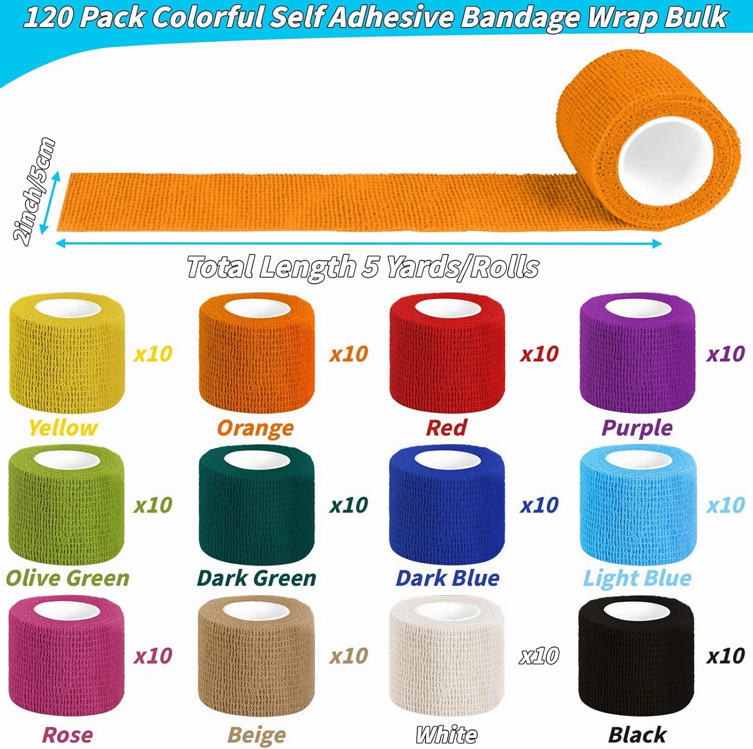 120 Pack Colorful Self Adhesive Bandage Wrap Bulk 2 Inch x 5 Yards Cohesive Bandage,Vet Wrap Breathable Elastic Self-Adherent Tape for Stretch Athletic Sports Wrist Ankle Dogs Pet Vet Wrap 12 Colors