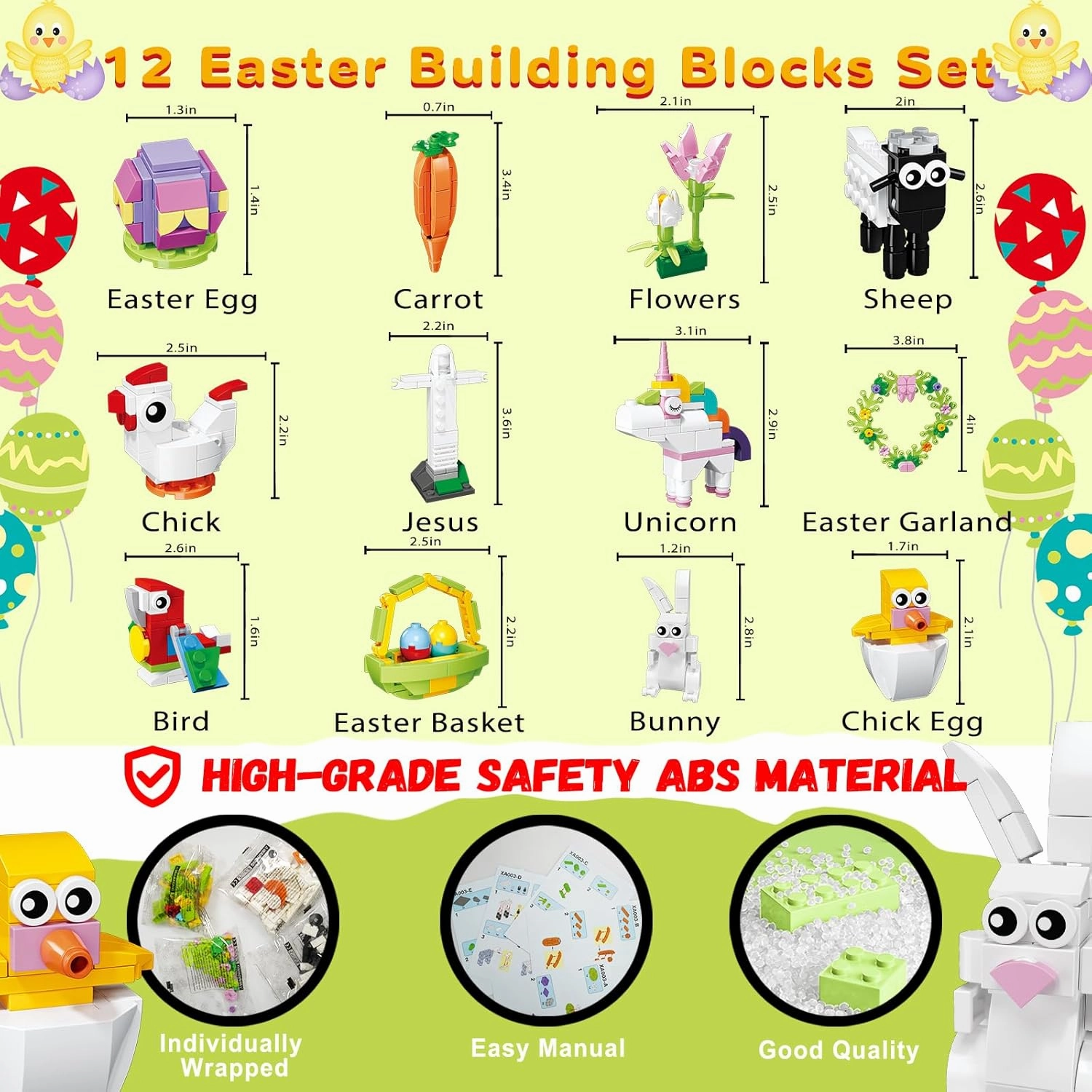 12Pcs Easter Egg Fillers Building Kits, Easter Rabbit 12 in 1 Building Blocks Set, Easter Bricks Toy Gift Easter Egg Fillers, Easter Basket Stuffers, Easter Party Favors for Kids 6 