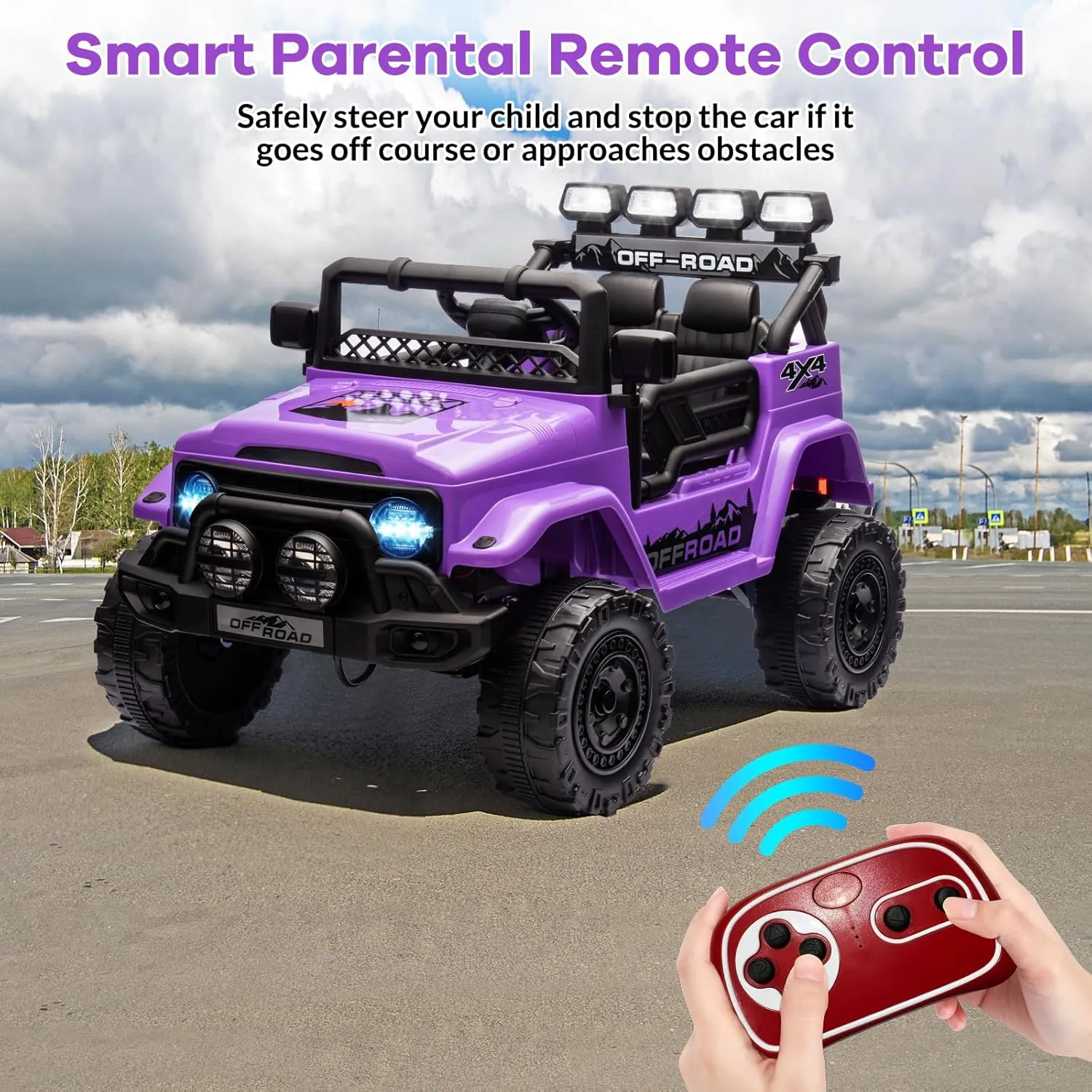12V Kids Ride On Car for Kids Ages 37-96 Months, Electric Truck Ride On Toys with 5MPH Max Speed, Remote Control, Accelerator Pedal, Treaded Tires, Steering Wheel, Music and Story, Purple
