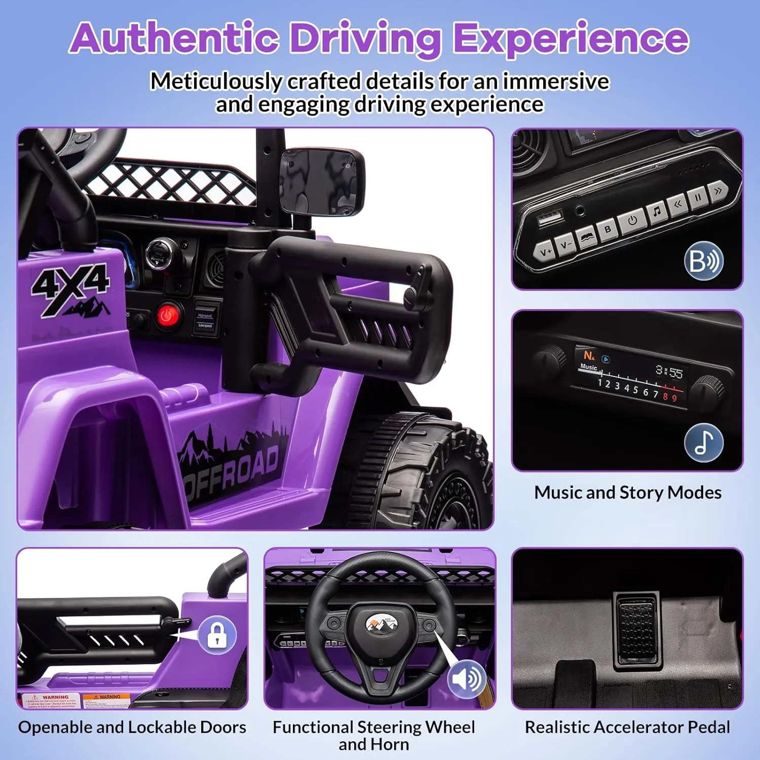 12V Kids Ride On Car for Kids Ages 37-96 Months, Electric Truck Ride On Toys with 5MPH Max Speed, Remote Control, Accelerator Pedal, Treaded Tires, Steering Wheel, Music and Story, Purple