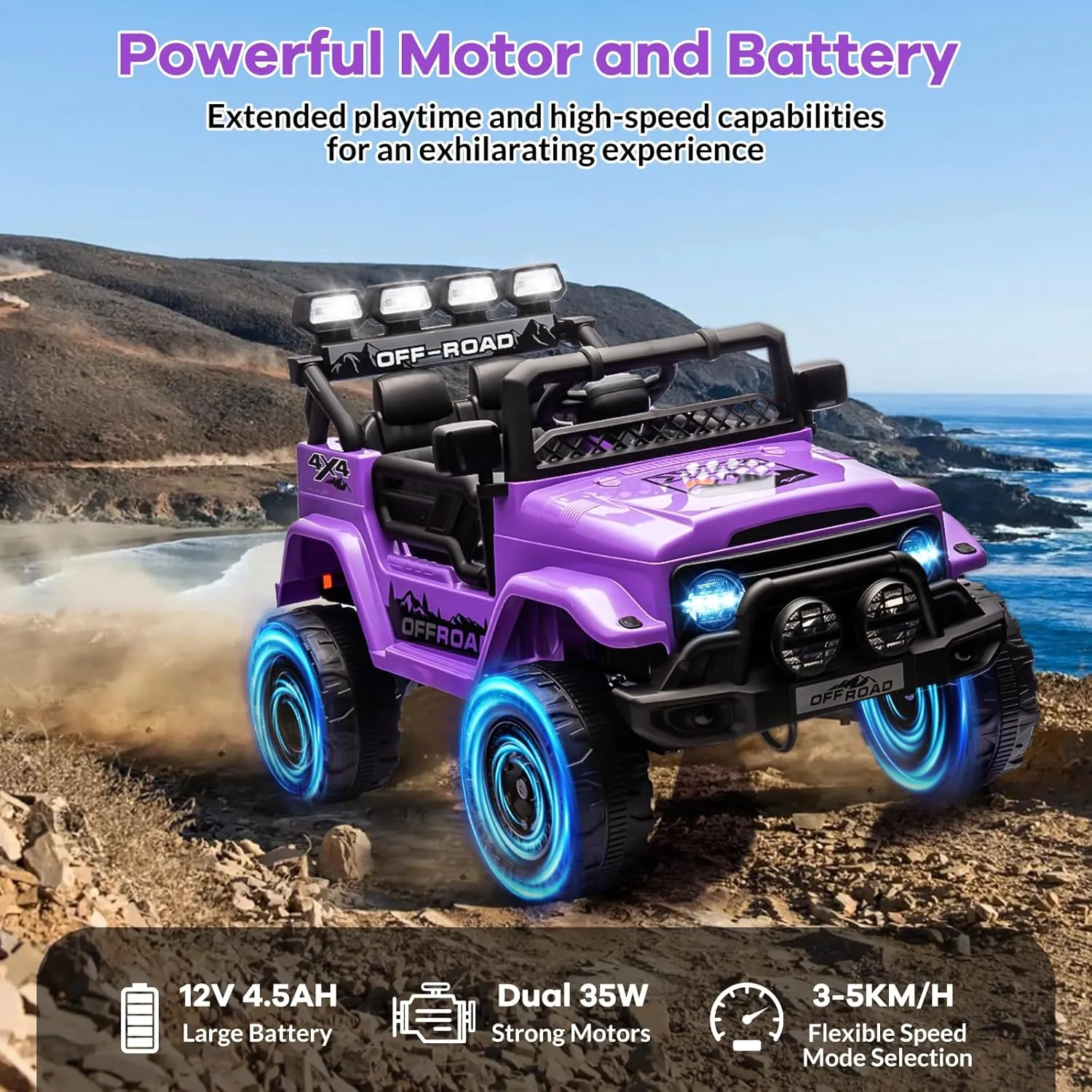 12V Kids Ride On Car for Kids Ages 37-96 Months, Electric Truck Ride On Toys with 5MPH Max Speed, Remote Control, Accelerator Pedal, Treaded Tires, Steering Wheel, Music and Story, Purple