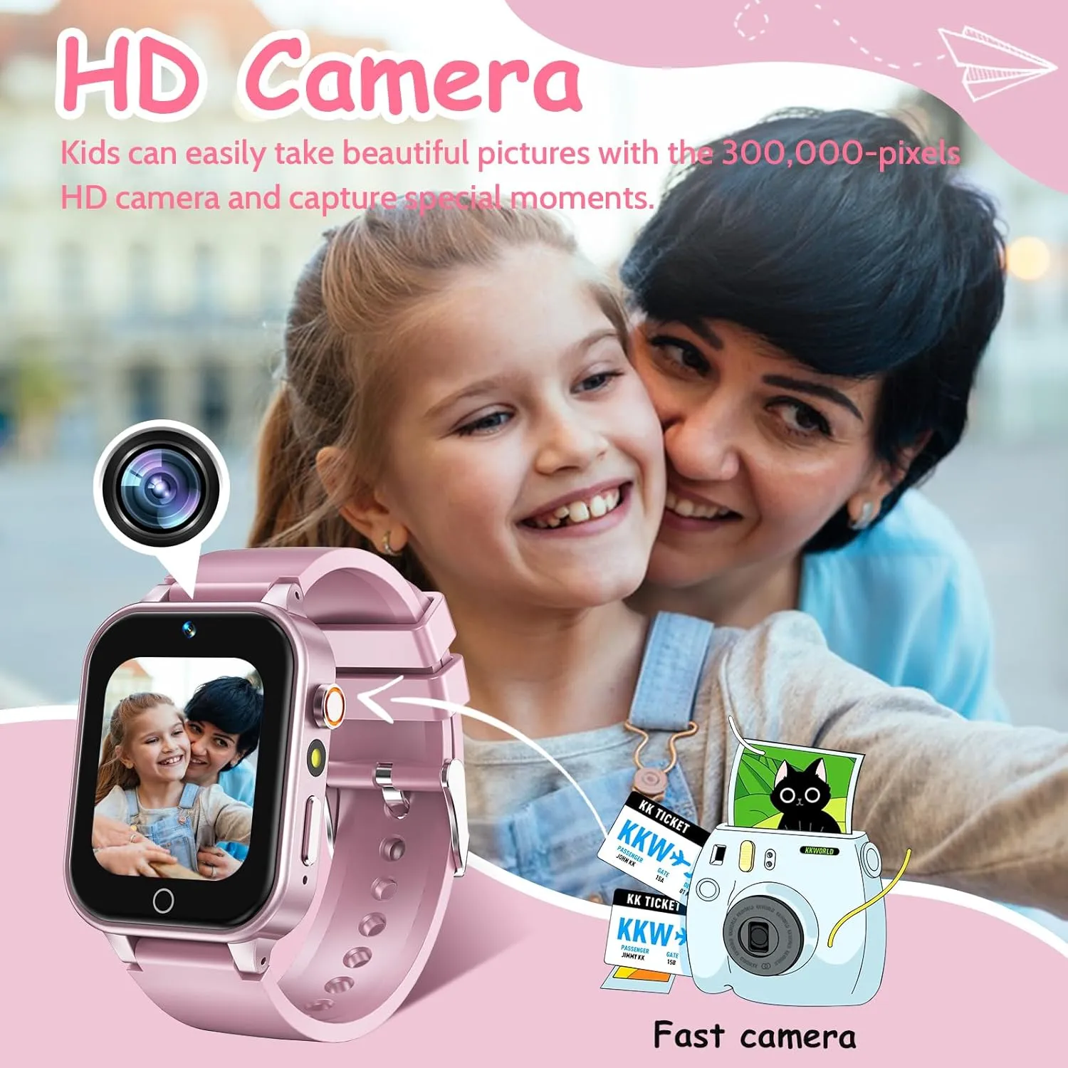 1.5 Inches Kids Smart Watch for Boys Girls, 26 Puzzle Games, Smartwatch with Camera, Pedometer, Video Voice Music Player Learning Card, Birthday Gift for 3-12 Years Children (Pink)
