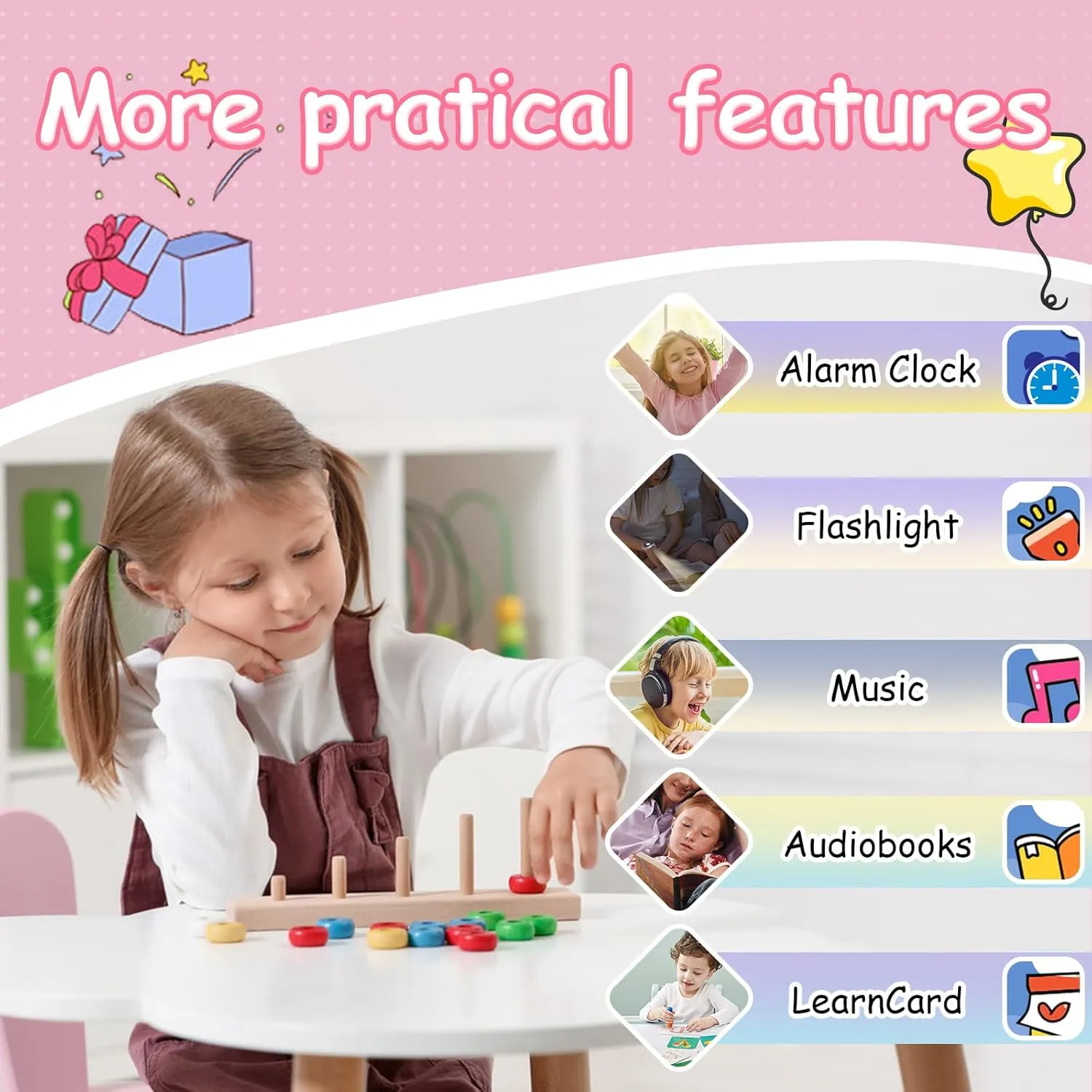 1.5 Inches Kids Smart Watch for Boys Girls, 26 Puzzle Games, Smartwatch with Camera, Pedometer, Video Voice Music Player Learning Card, Birthday Gift for 3-12 Years Children (Pink)