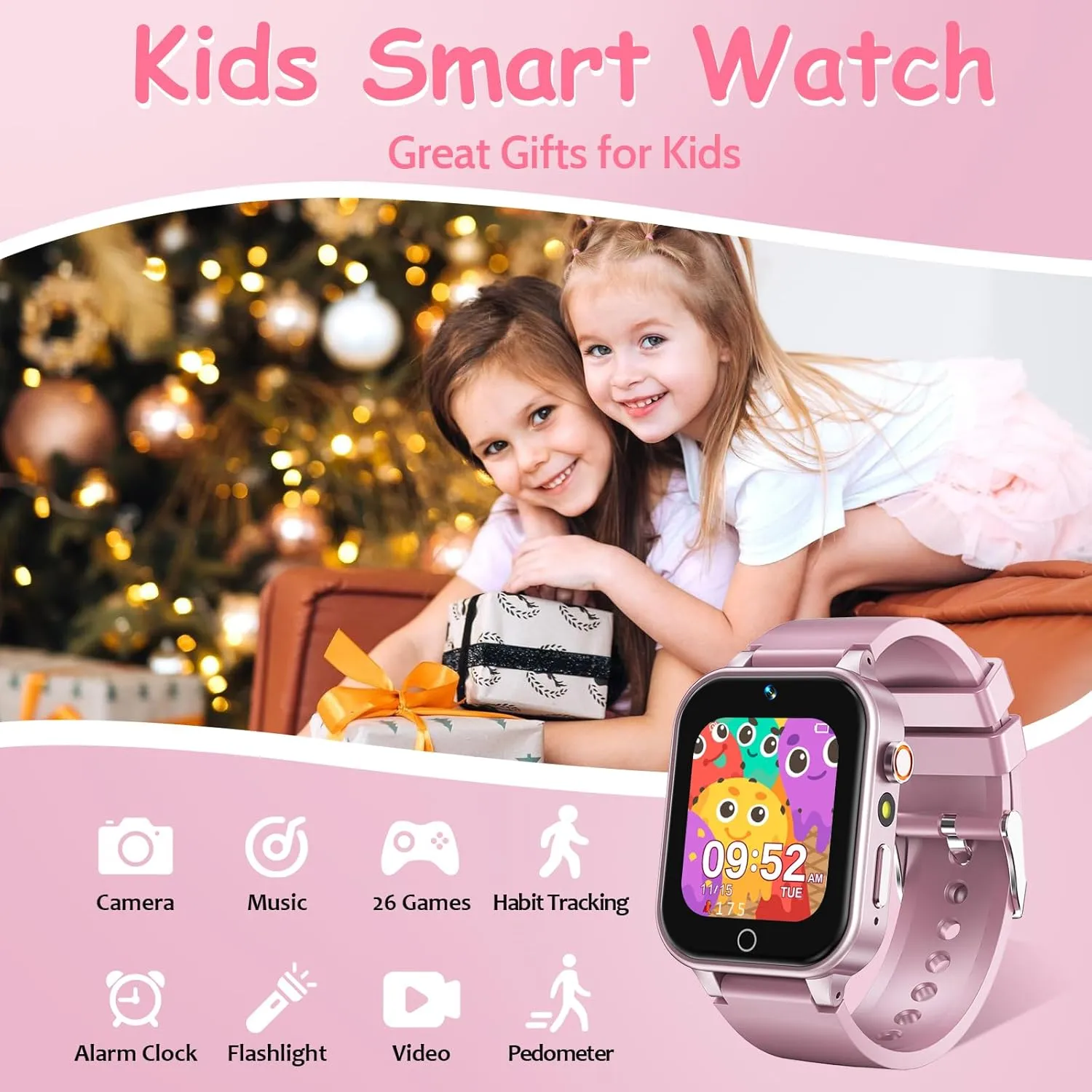1.5 Inches Kids Smart Watch for Boys Girls, 26 Puzzle Games, Smartwatch with Camera, Pedometer, Video Voice Music Player Learning Card, Birthday Gift for 3-12 Years Children (Pink)