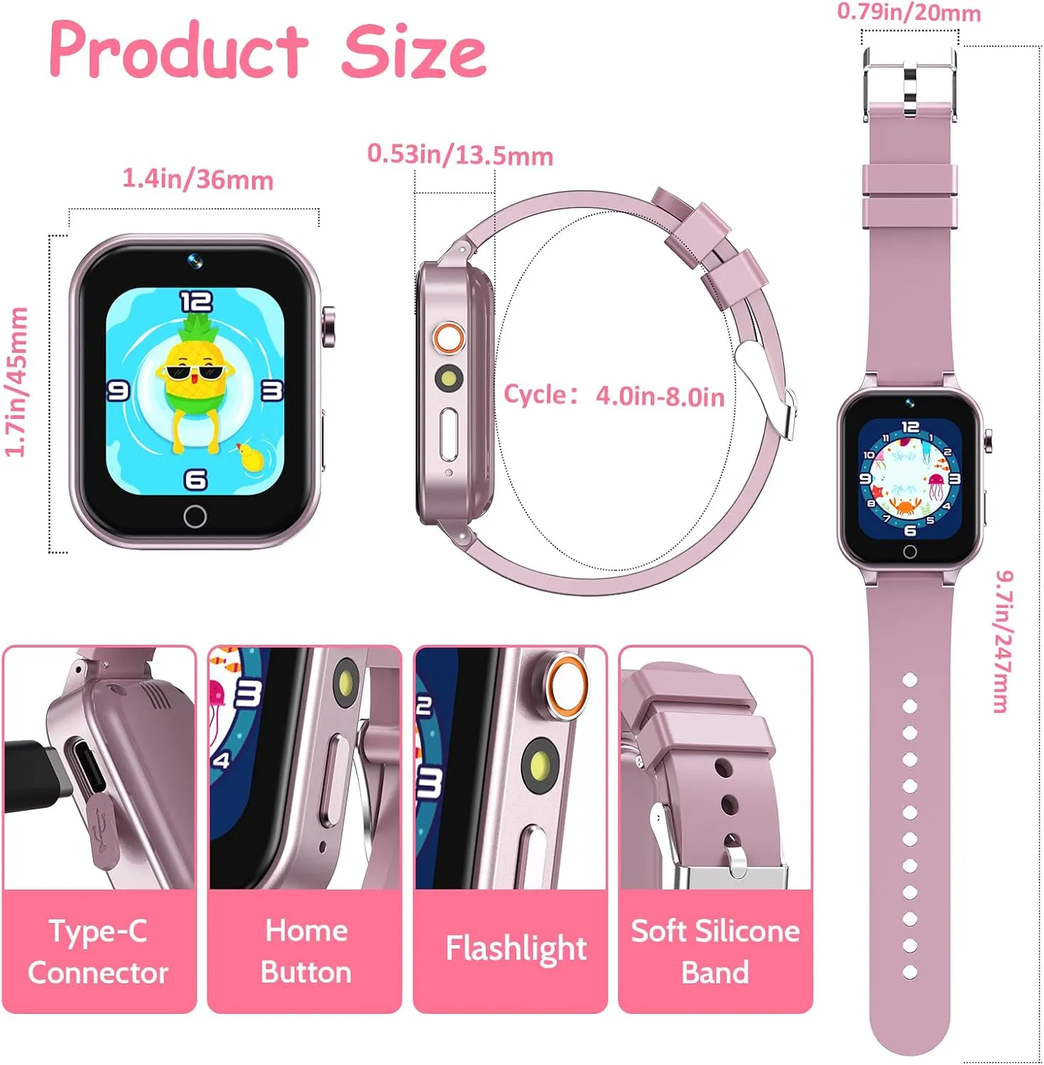 1.5 Inches Kids Smart Watch for Boys Girls, 26 Puzzle Games, Smartwatch with Camera, Pedometer, Video Voice Music Player Learning Card, Birthday Gift for 3-12 Years Children (Pink)
