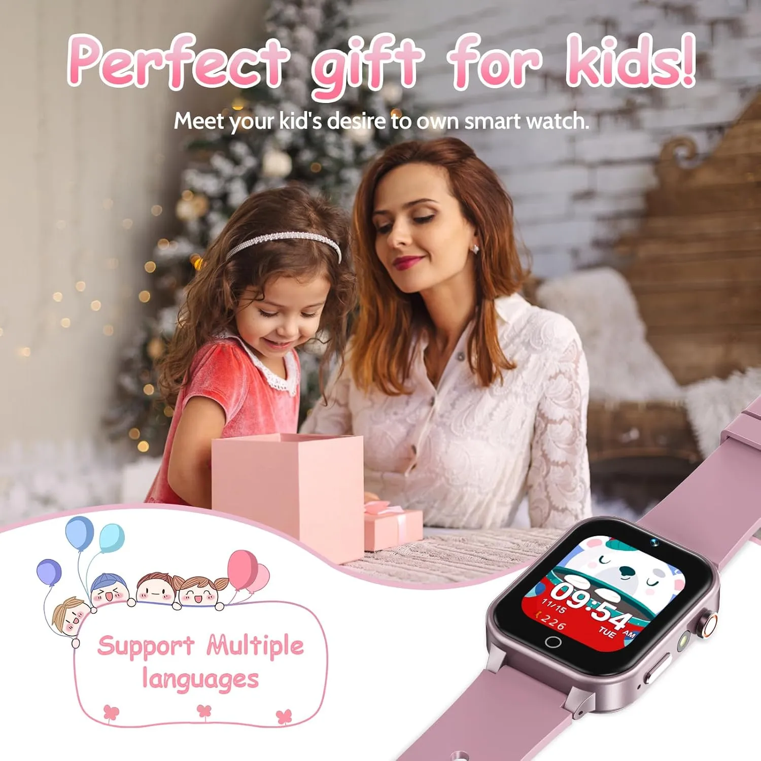1.5 Inches Kids Smart Watch for Boys Girls, 26 Puzzle Games, Smartwatch with Camera, Pedometer, Video Voice Music Player Learning Card, Birthday Gift for 3-12 Years Children (Pink)