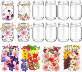 154 Pcs DIY Pressed Flowers Mason Jar Set Pressed Flower Lanterns 12 Mason Jar 140 Natural Real Dried Flower Centerpiece Making Favor for Christmas Wedding Candle Lantern Craft