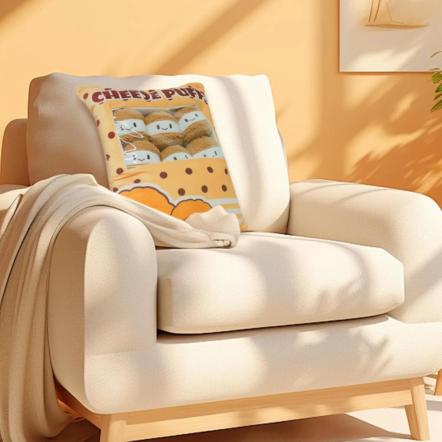 15" × 19" Cheesy Puffs Throw Pillows, Plush Toy for Dog Chew Stuffed Cute Removable Food Plushie Bed Couch Room Decor
