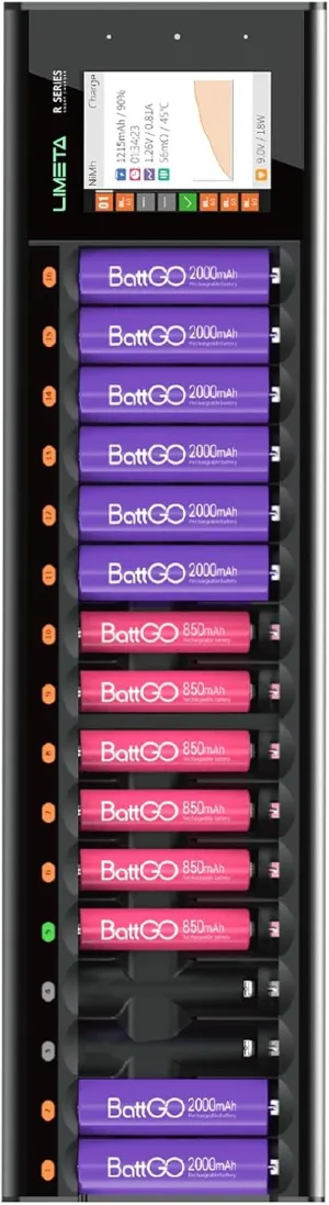 16 Bay AA AAA Battery Charger LCD Display USB Fast Charging Discharge Function Over-Charge Protection OTA Upgrade for Universal Household Rechargeable Batteries LiHv Ni-MH Ni-Cd LiFePO4 Li-ion