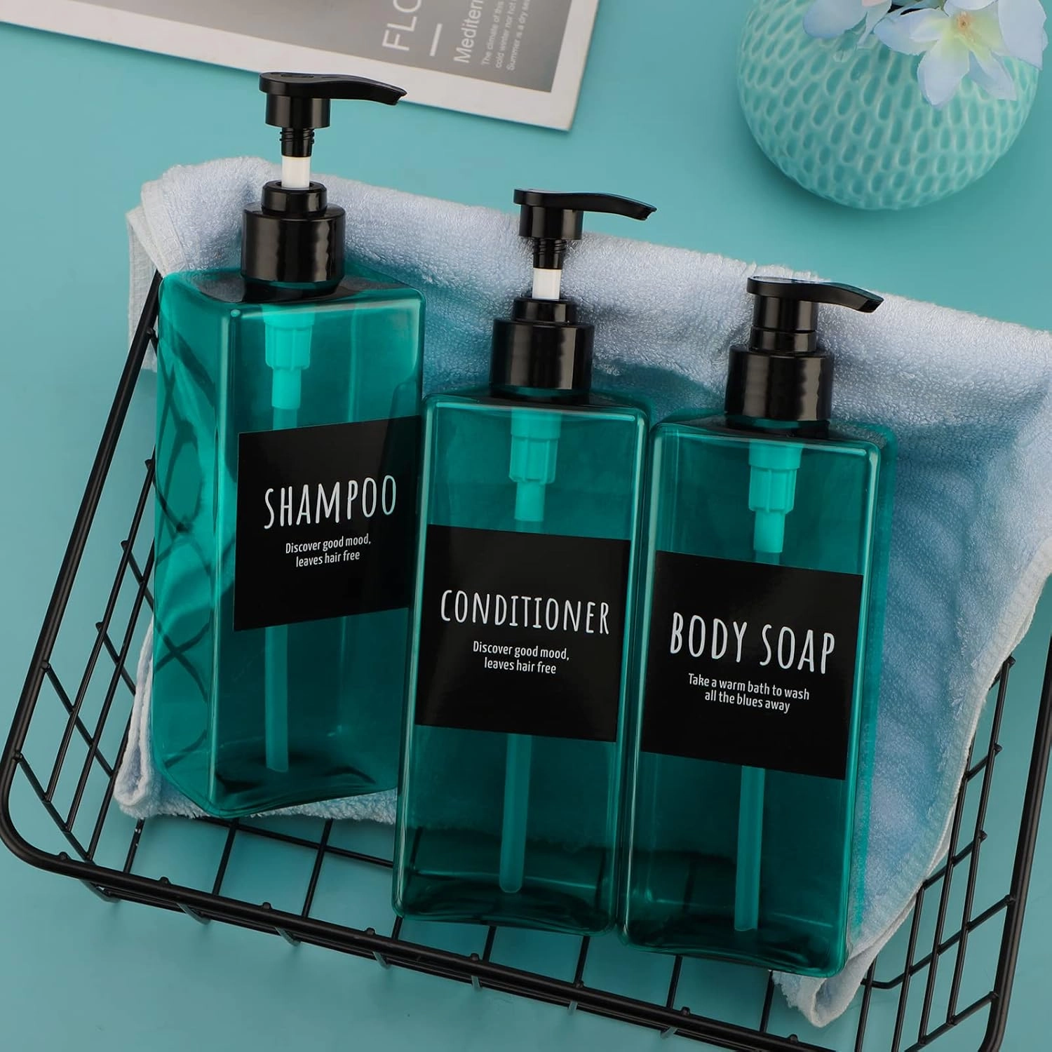 16.9oz Shampoo Conditioner Bottles, Segbeauty 3pcs 500ml Pump Press Dispenser with Labels, Empty Refillable Shampoo Body Soap Conditioner Gel Plastic Bathroom Press Lotion Containers Light Sea Green