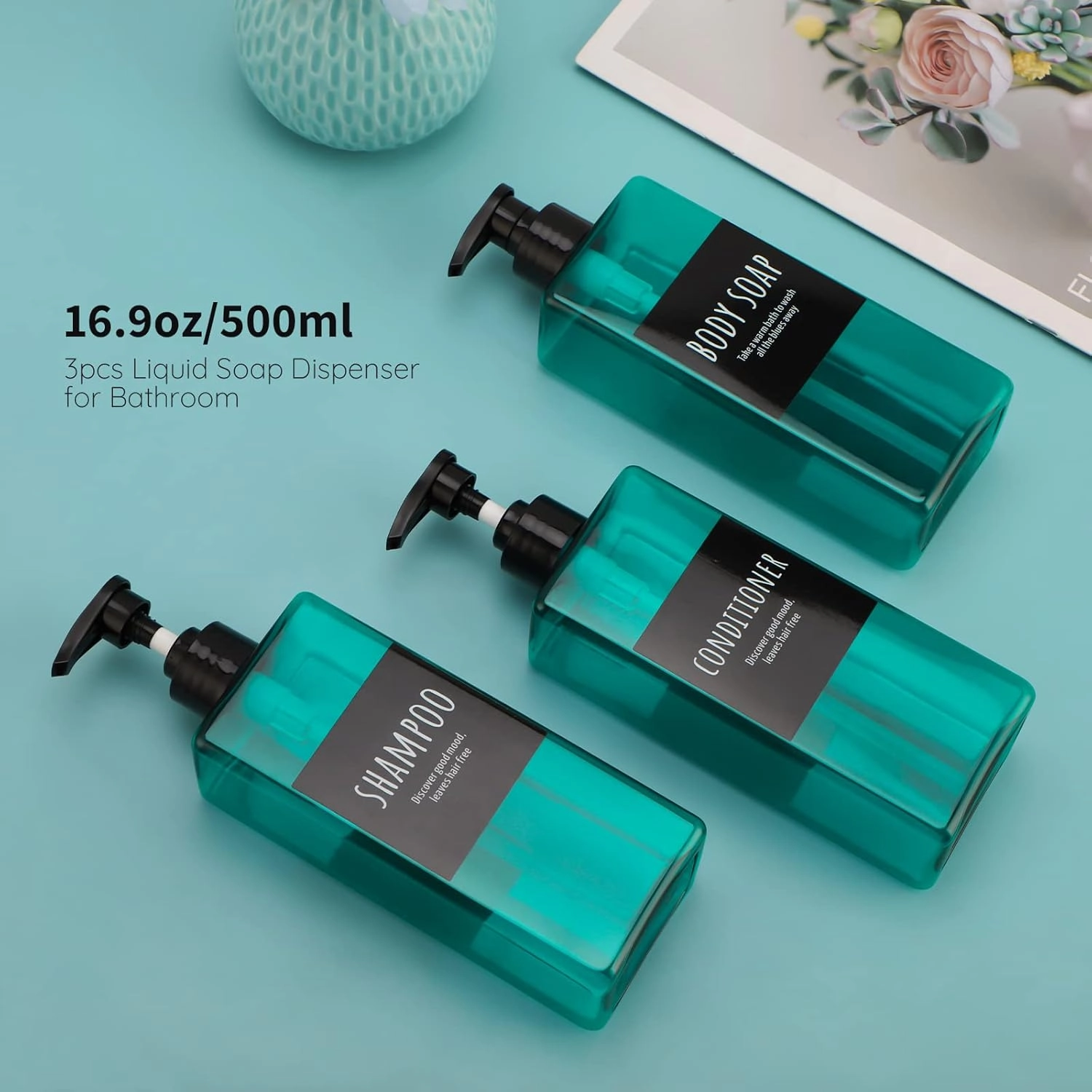 16.9oz Shampoo Conditioner Bottles, Segbeauty 3pcs 500ml Pump Press Dispenser with Labels, Empty Refillable Shampoo Body Soap Conditioner Gel Plastic Bathroom Press Lotion Containers Light Sea Green