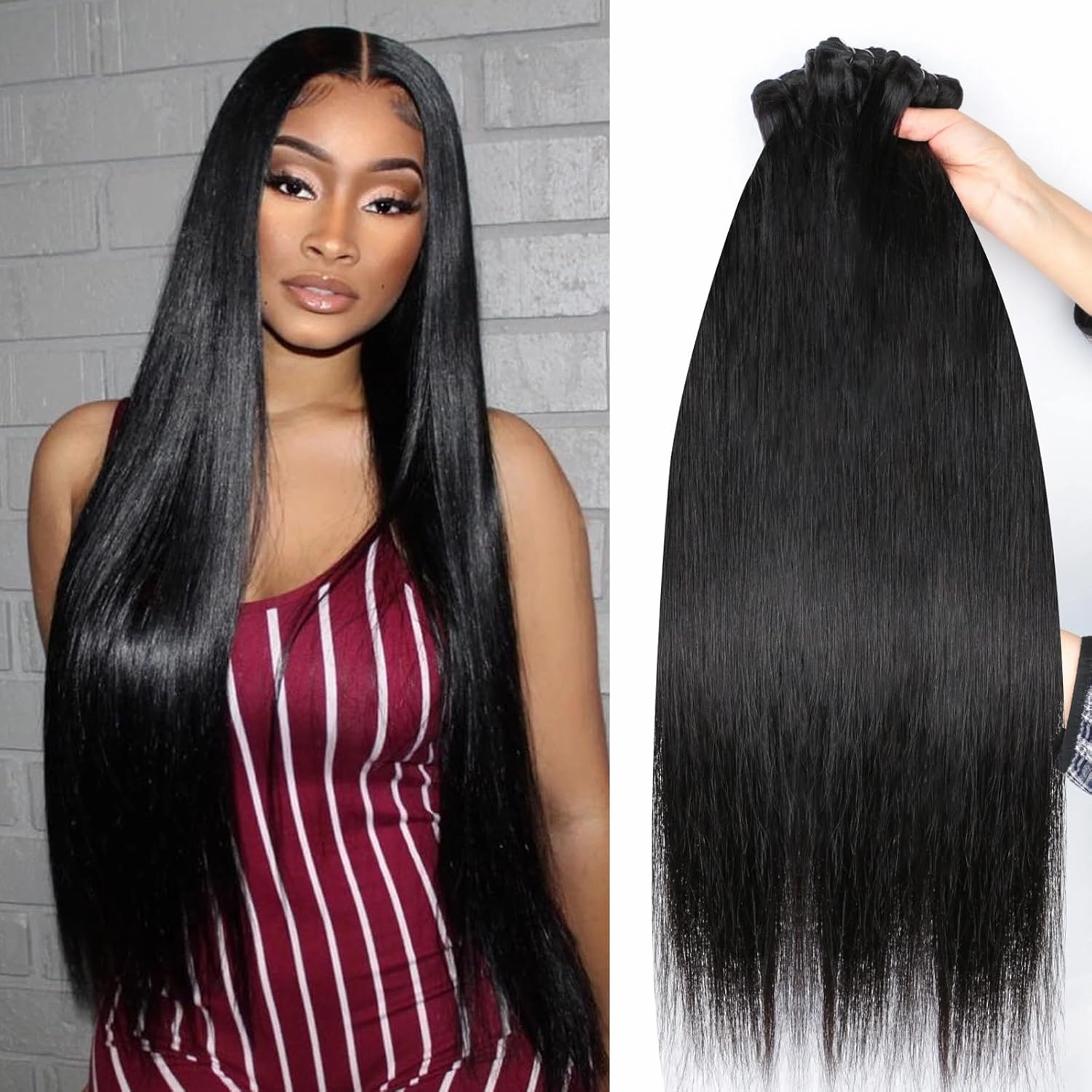16A Human Hair Bundles Straight 12 14 16 Inch 100% Unprocessed Raw Brazilian Human Hair Double Weft Extensions Straight Weave 3 Bundles Remy Virgin Hair Bundles Deals Natural Black Color