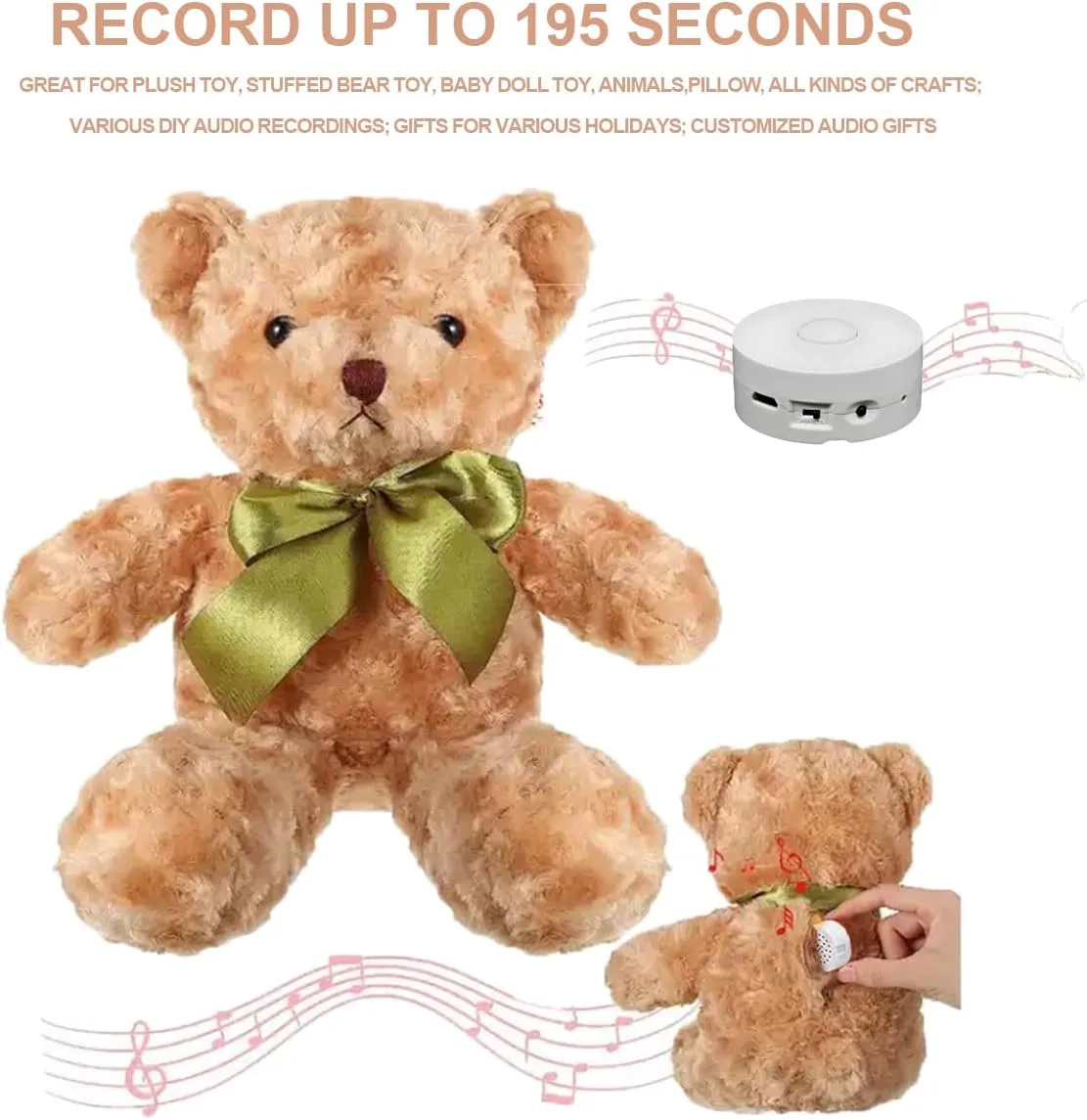 195 Seconds Message Voice Recorder, Voice Recording Button Record Custom Messages for Plush Toy, Stuffed Bear, Baby Doll Toy,Pillow and Xmas Halloween New Year Birthday Presents White-2P