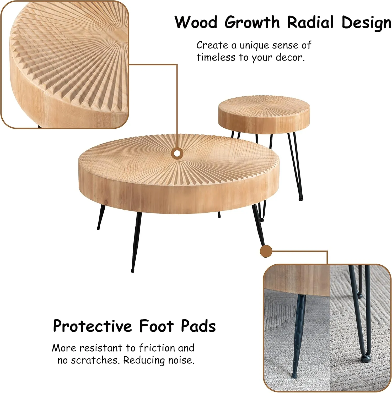 2-Piece Modern Farmhouse Living Room Coffee Table Set, Nesting Table Round Natural Finish with Handcrafted Wood Ring Motif, Wood Color Light Wooden