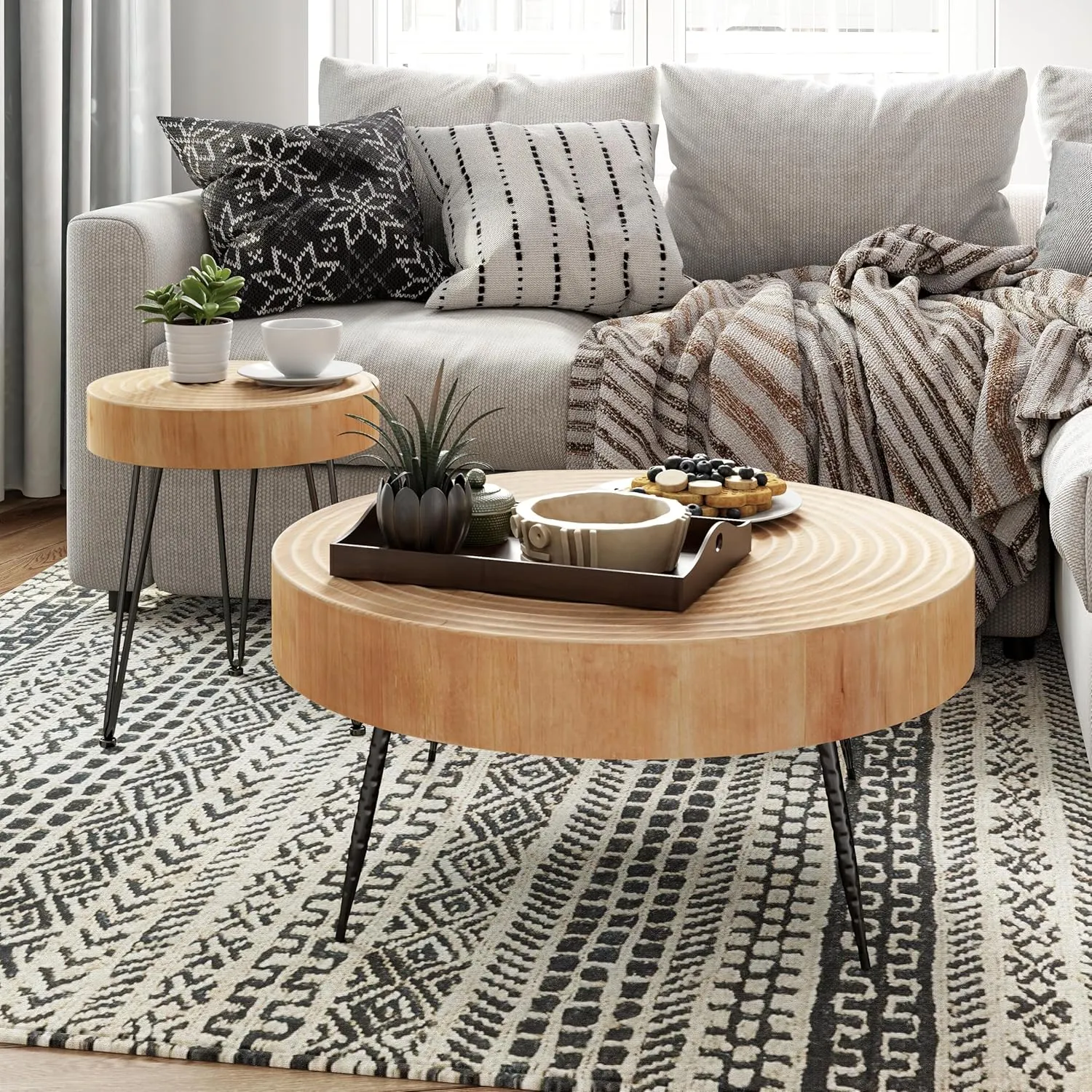 2-Piece Modern Farmhouse Living Room Coffee Table Set, Nesting Table Round Natural Finish with Handcrafted Wood Ring Motif, Wood Color Light Wooden