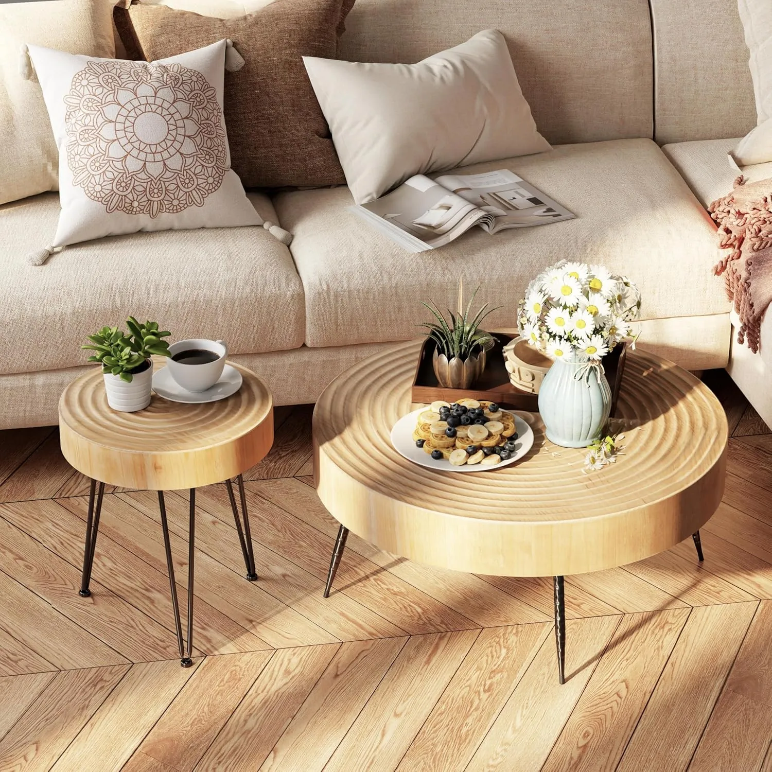 2-Piece Modern Farmhouse Living Room Coffee Table Set, Nesting Table Round Natural Finish with Handcrafted Wood Ring Motif, Wood Color Light Wooden