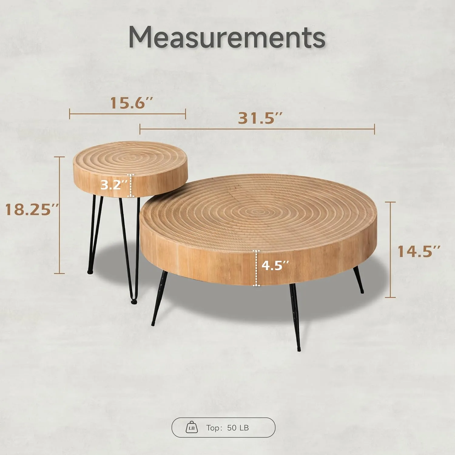 2-Piece Modern Farmhouse Living Room Coffee Table Set, Nesting Table Round Natural Finish with Handcrafted Wood Ring Motif, Wood Color Light Wooden