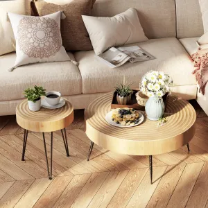 2-Piece Modern Farmhouse Living Room Coffee Table Set, Nesting Table Round Natural Finish with Handcrafted Wood Ring Motif, Wood Color Light Wooden