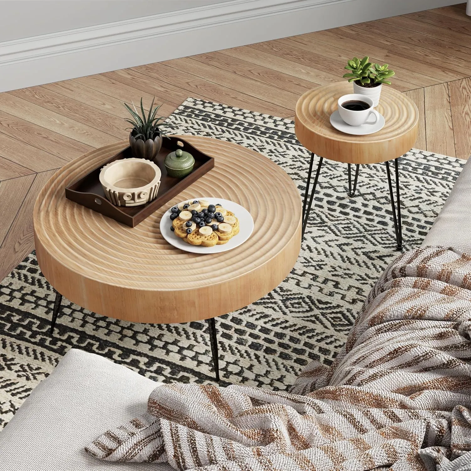 2-Piece Modern Farmhouse Living Room Coffee Table Set, Nesting Table Round Natural Finish with Handcrafted Wood Ring Motif, Wood Color Light Wooden