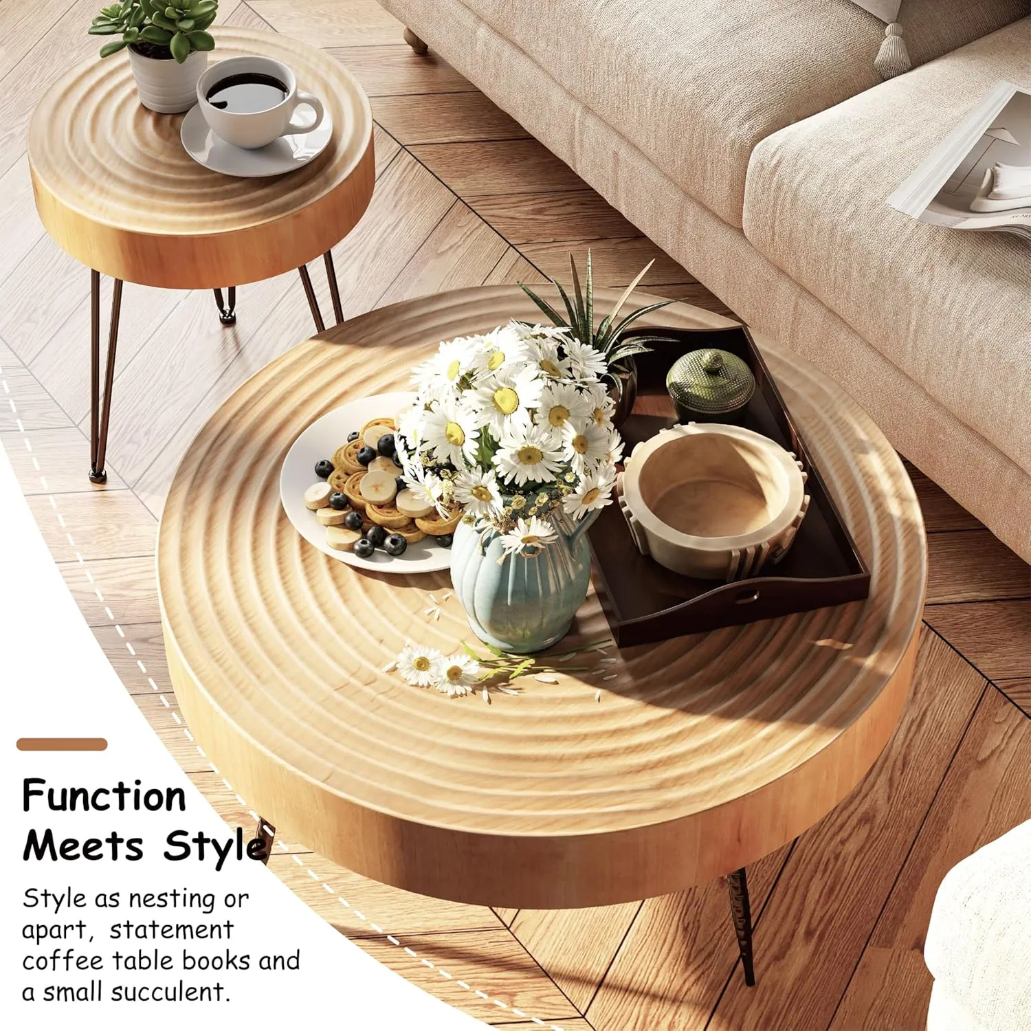 2-Piece Modern Farmhouse Living Room Coffee Table Set, Nesting Table Round Natural Finish with Handcrafted Wood Ring Motif, Wood Color Light Wooden