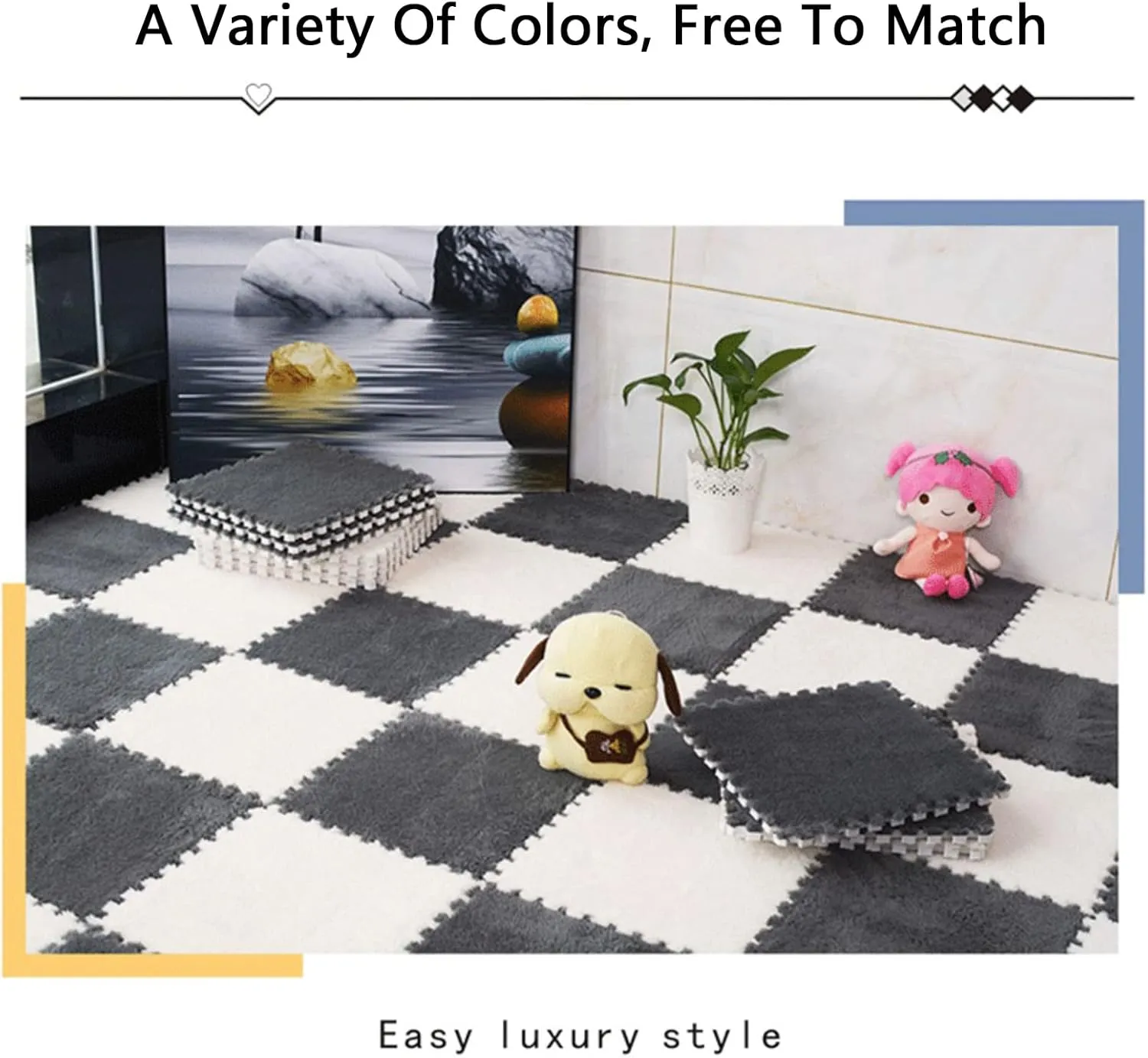 20 Pcs Interlocking Carpet Tiles,Plush Foam Square Floor Mats Set,Interlocking Fluffy Tiles Square Puzzle with Border,20 Tiles/19.4 Sq.Ft,Blue Grey