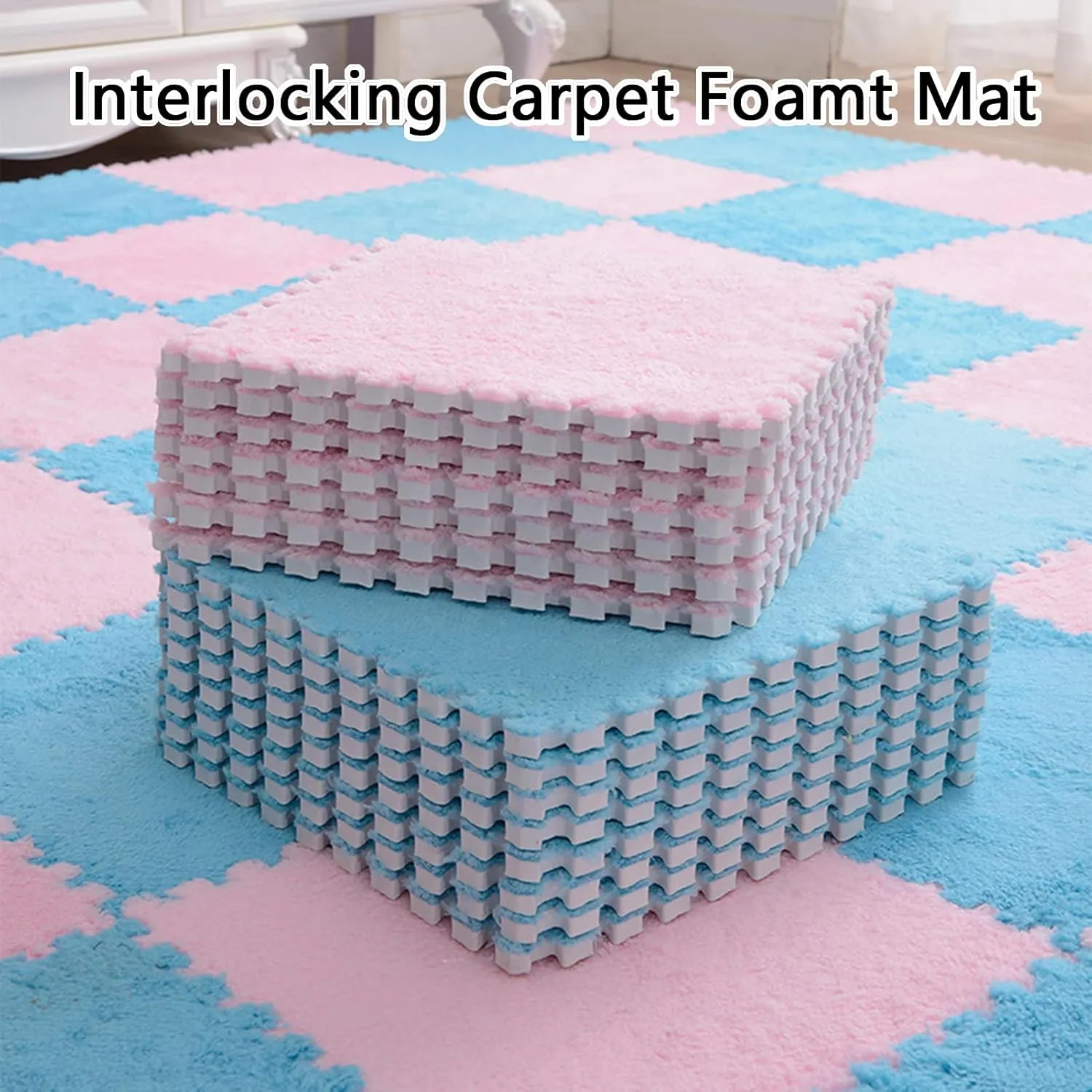 20 Pcs Interlocking Carpet Tiles,Plush Foam Square Floor Mats Set,Interlocking Fluffy Tiles Square Puzzle with Border,20 Tiles/19.4 Sq.Ft,Blue Grey