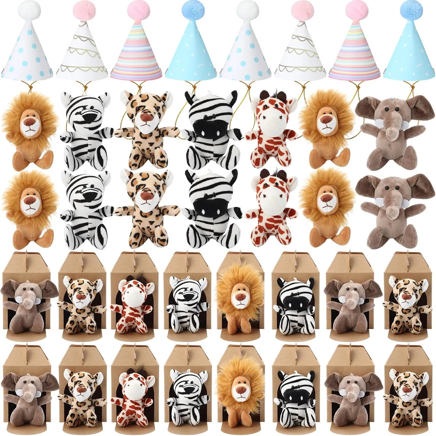 20 Pcs Safari Mini Jungle Animal Plush Toys Stuffed Forest Animals Plush Toys Set with 20 Birthday Hats 20 Paper Boxes Adopt Pet Decor for Adult Theme Birthday Favor(Cute)