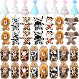 20 Pcs Safari Mini Jungle Animal Plush Toys Stuffed Forest Animals Plush Toys Set with 20 Birthday Hats 20 Paper Boxes Adopt Pet Decor for Adult Theme Birthday Favor(Cute)