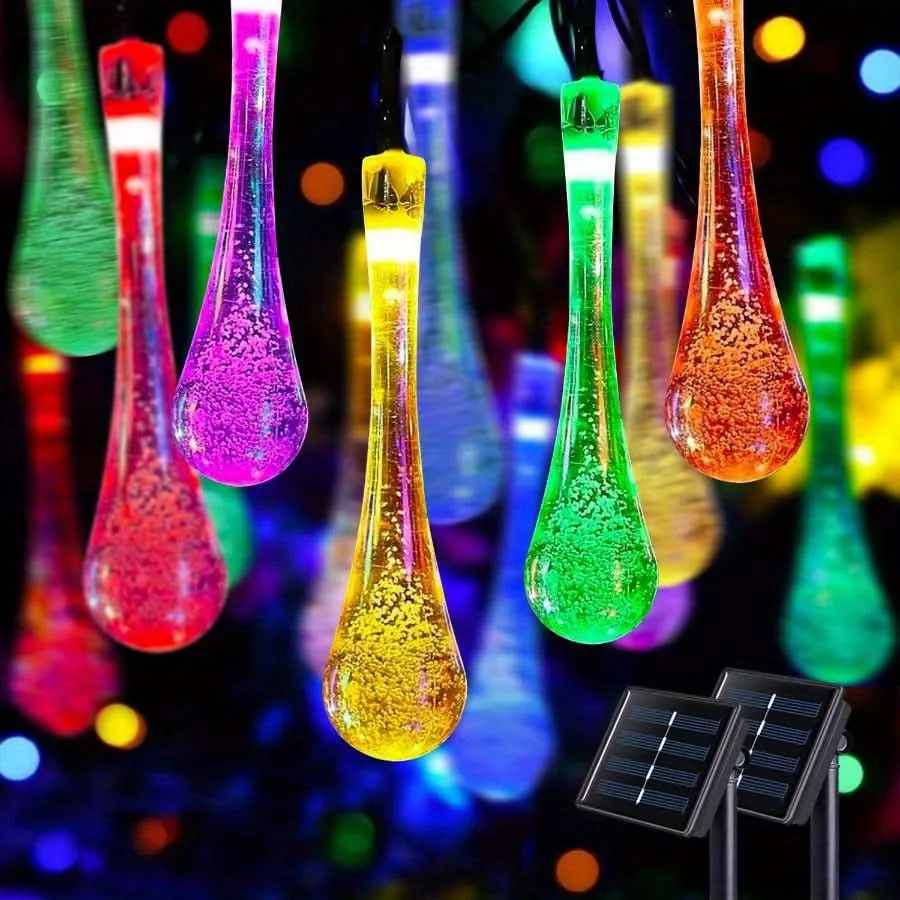 21Ft Solar Water Drop Fairy Lights - 30LED, Multicolor, Battery-Powered