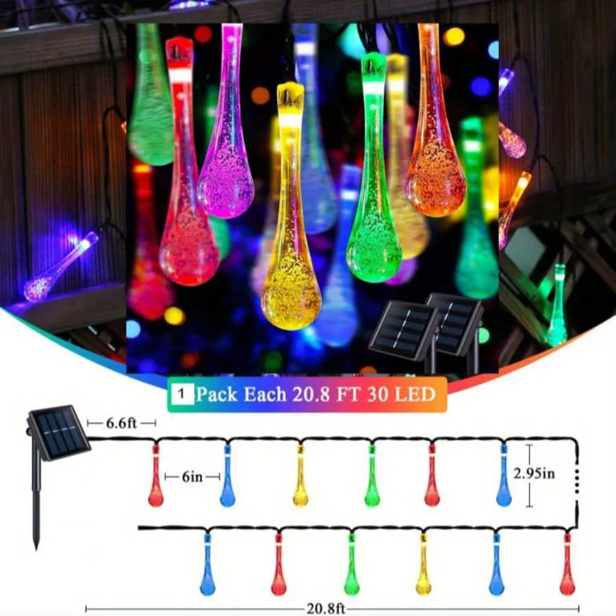 21Ft Solar Water Drop Fairy Lights - 30LED, Multicolor, Battery-Powered