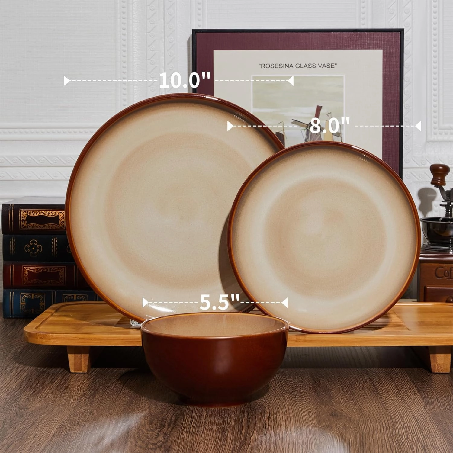 24 Piece Dinnerware Sets for 8, Modern Stoneware Plates and Bowls Sets, Perfect for Family Gatherings & Holiday Celebrations, Easy Cleaning Dish Set, Stack Compactly Dinner Set, Brown Yellow