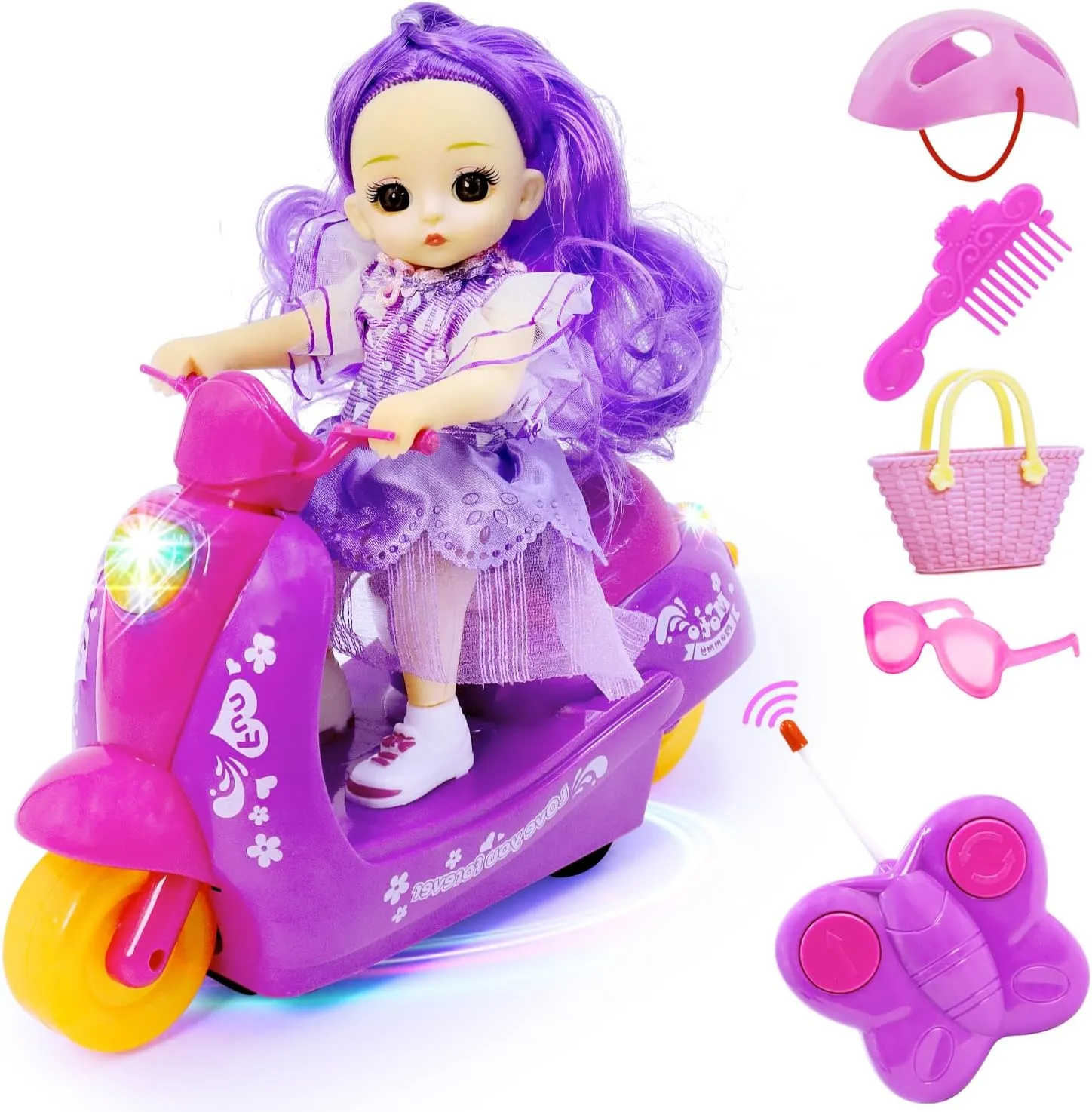 2.4G Remote Control Car for Girls,Lights Music Motorcycle Pink Simulation Doll RC Tricycle with Helmet,Sunglasses,Princess Bag and Comb Accessories for 3 4 5 6 7 8 Year Kids Birthday Gifts