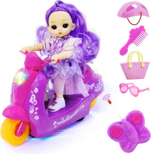 2.4G Remote Control Car for Girls,Lights Music Motorcycle Pink Simulation Doll RC Tricycle with Helmet,Sunglasses,Princess Bag and Comb Accessories for 3 4 5 6 7 8 Year Kids Birthday Gifts