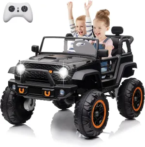 24V 2 Seater Kids Ride On Car, 4 Wheeler Truck Ride On Toys for Big Kids with 5.5MPH Max Speed, Remote Control, Accelerator Pedal, Treaded Tires, Steering Wheel, Music and Story, Black