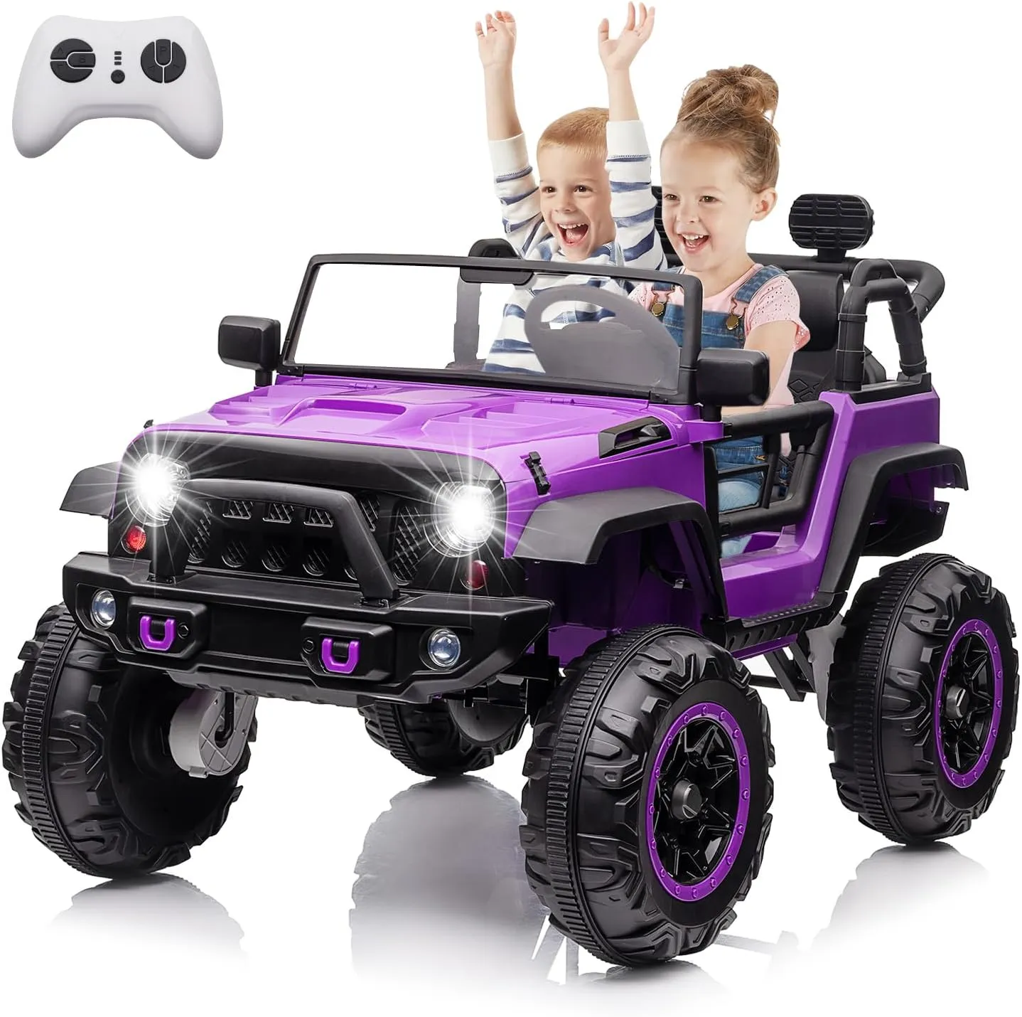 24V 2 Seater Kids Ride On Car, 4 Wheeler Truck Ride On Toys for Big Kids with 5.5MPH Max Speed, Remote Control, Accelerator Pedal, Treaded Tires, Steering Wheel, Music and Story, Purple