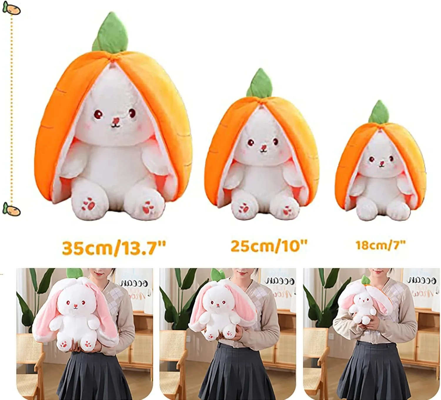 2PCS Bunny Plush Doll Toy Pillow, Reversible Carrot Strawberry Stuffed Animal with Zipper, Cute Rabbit Decoration for Kids & Adult Birthday Party Gift (10'' Strawberry Carrot) (KP307)