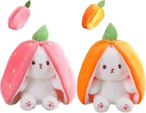 2PCS Bunny Plush Doll Toy Pillow, Reversible Carrot Strawberry Stuffed Animal with Zipper, Cute Rabbit Decoration for Kids & Adult Birthday Party Gift (10'' Strawberry Carrot) (KP307)