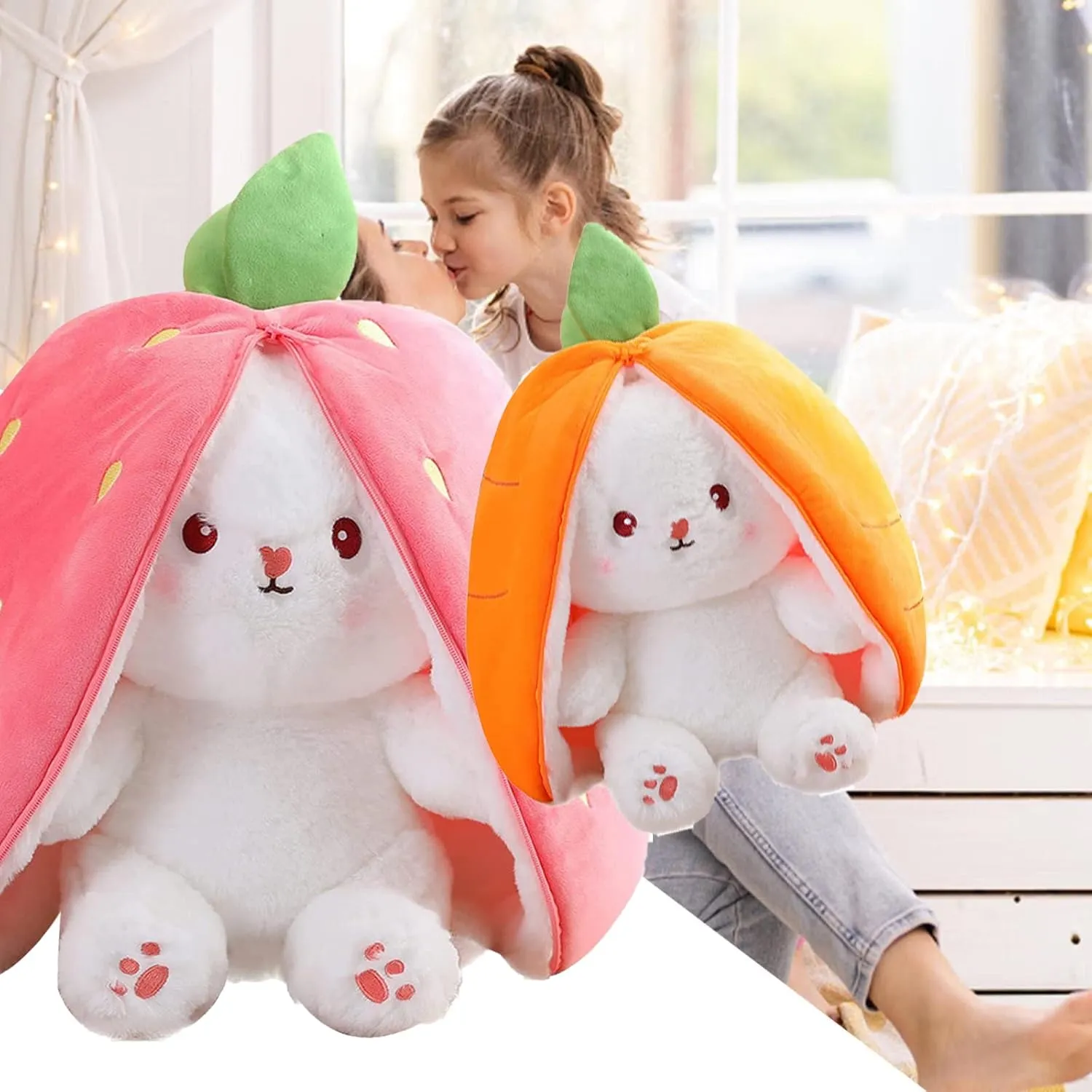 2PCS Bunny Plush Doll Toy Pillow, Reversible Carrot Strawberry Stuffed Animal with Zipper, Cute Rabbit Decoration for Kids & Adult Birthday Party Gift (10'' Strawberry Carrot) (KP307)