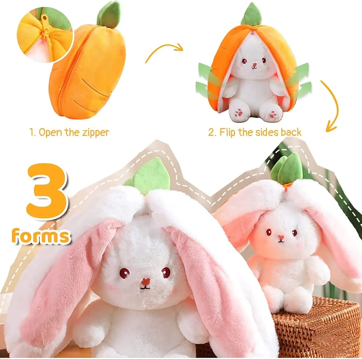 2PCS Bunny Plush Doll Toy Pillow, Reversible Carrot Strawberry Stuffed Animal with Zipper, Cute Rabbit Decoration for Kids & Adult Birthday Party Gift (10'' Strawberry Carrot) (KP307)