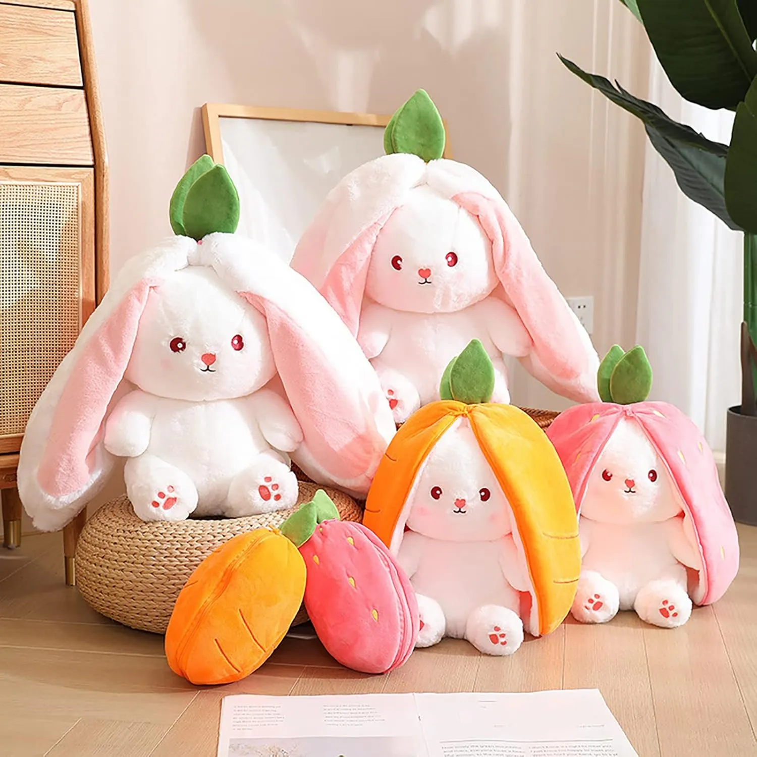 2PCS Bunny Plush Doll Toy Pillow, Reversible Carrot Strawberry Stuffed Animal with Zipper, Cute Rabbit Decoration for Kids & Adult Birthday Party Gift (10'' Strawberry Carrot) (KP307)